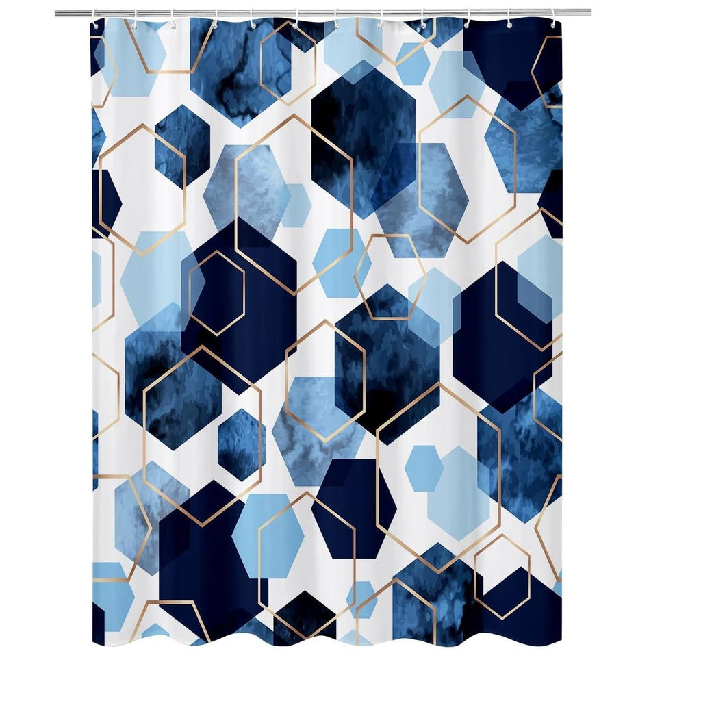 72"W x 78"H Blue White Hexagon Geometric Pattern Polyester Shower Curtain