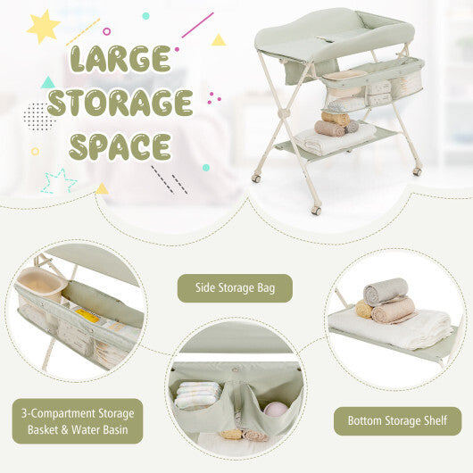 Baby Diaper Changing Table with Water Basin Wheel-Green