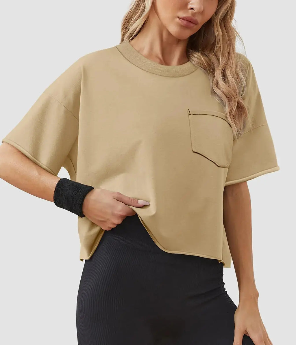 ATHMILE Womens Oversized Short Sleeve Workout T-Shirts - Casual Drop Shoulder Loose Crop Tops