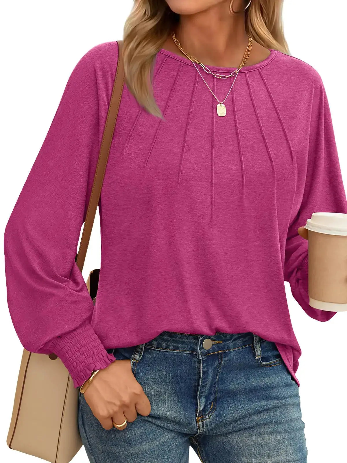 AUTOMET Womens Fall Fashion Long Sleeve Shirts Fall Tops Pleated Shirts Casual Loose