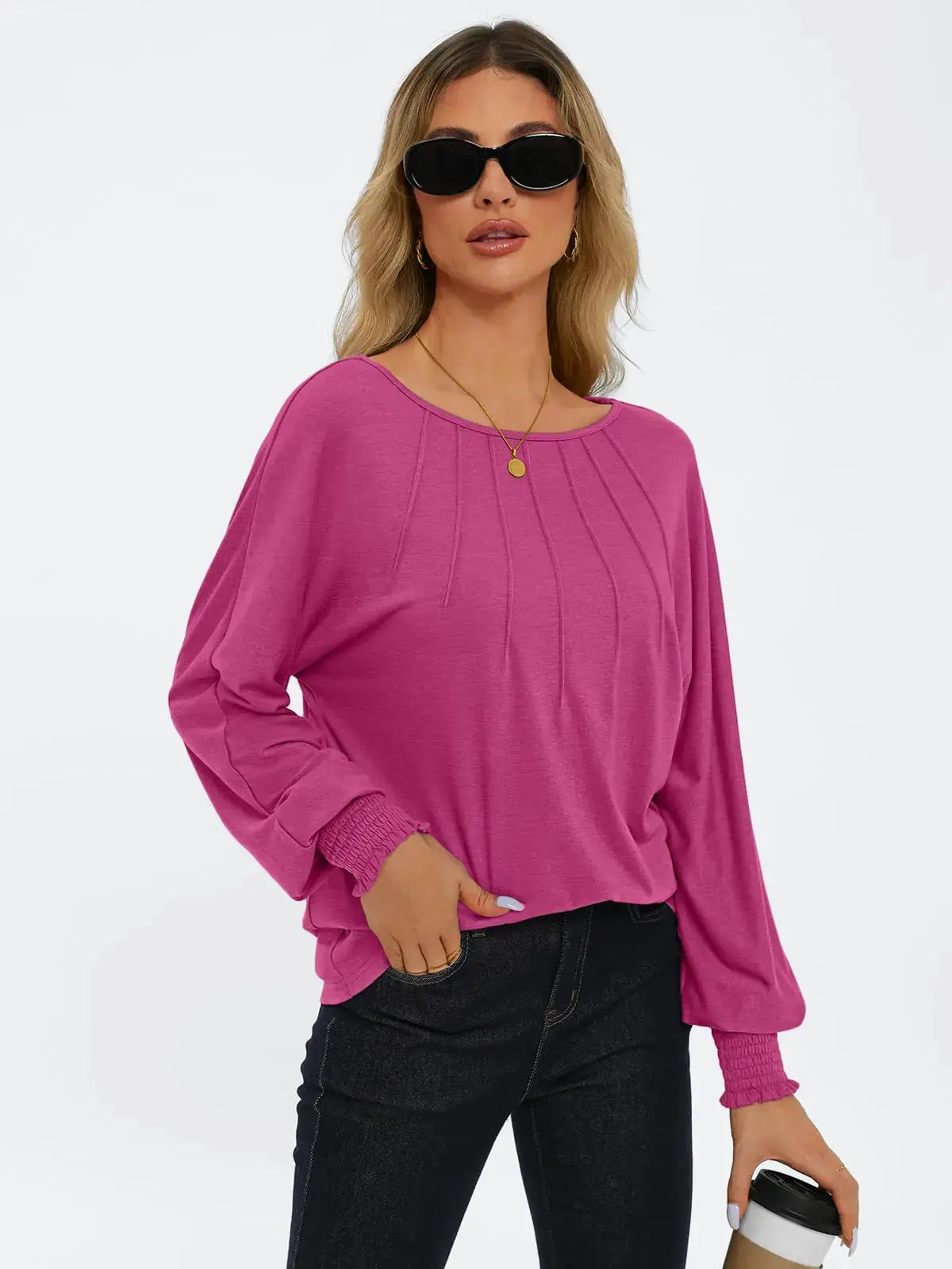 AUTOMET Womens Fall Fashion Long Sleeve Shirts Fall Tops Pleated Shirts Casual Loose