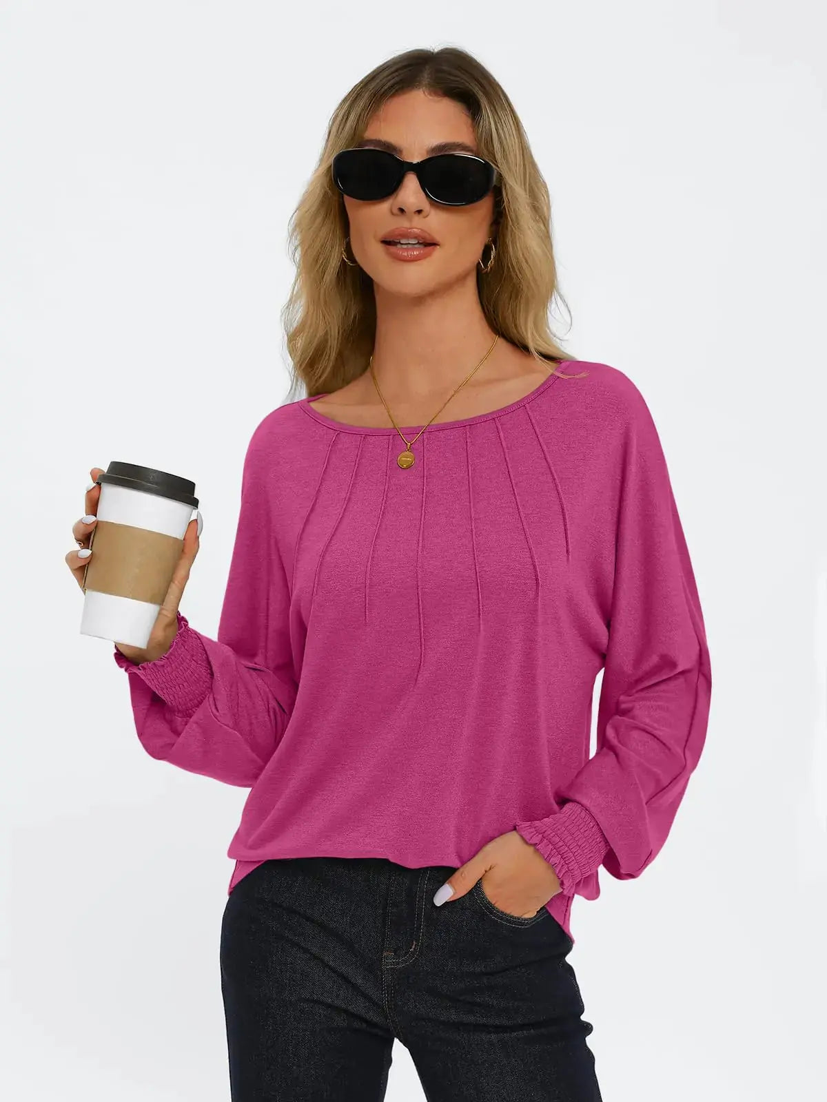 AUTOMET Womens Fall Fashion Long Sleeve Shirts Fall Tops Pleated Shirts Casual Loose