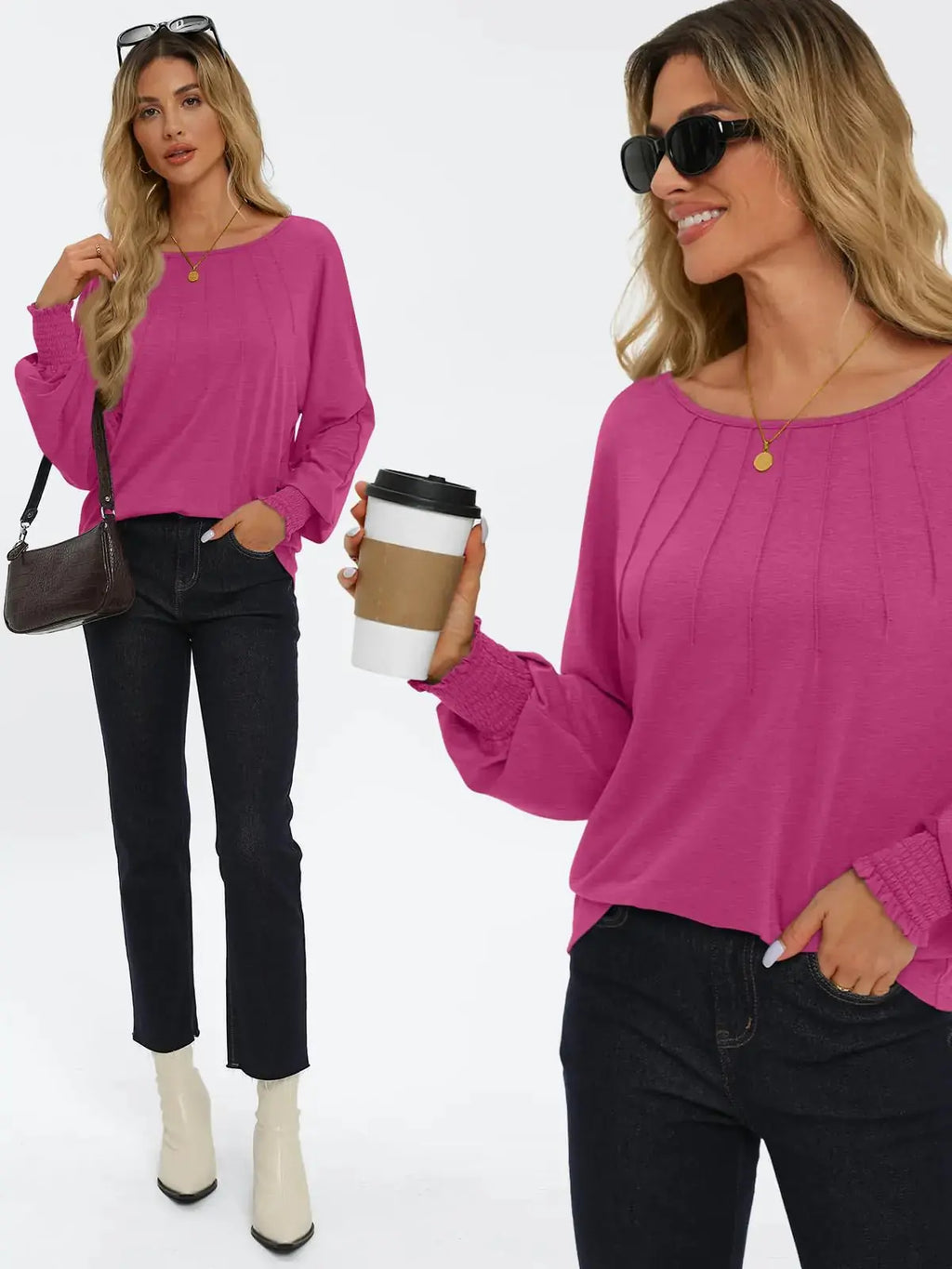 AUTOMET Womens Fall Fashion Long Sleeve Shirts Fall Tops Pleated Shirts Casual Loose