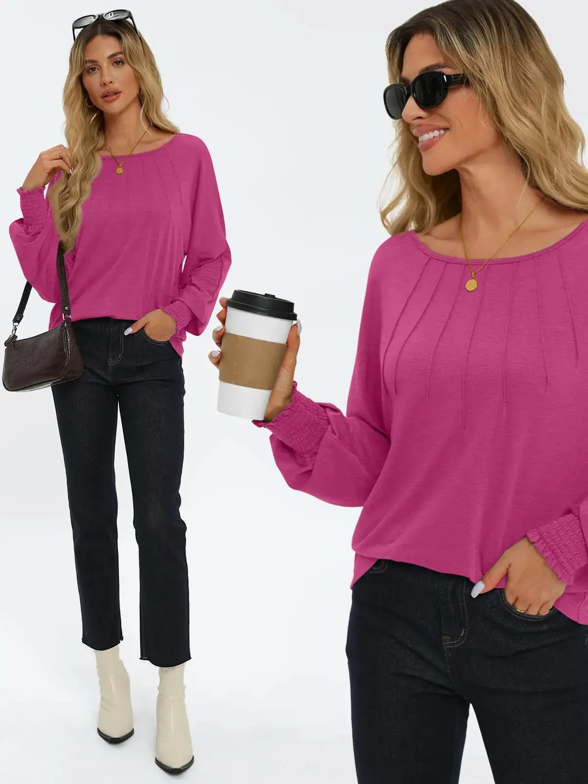 AUTOMET Womens Fall Fashion Long Sleeve Shirts Fall Tops Pleated Shirts Casual Loose