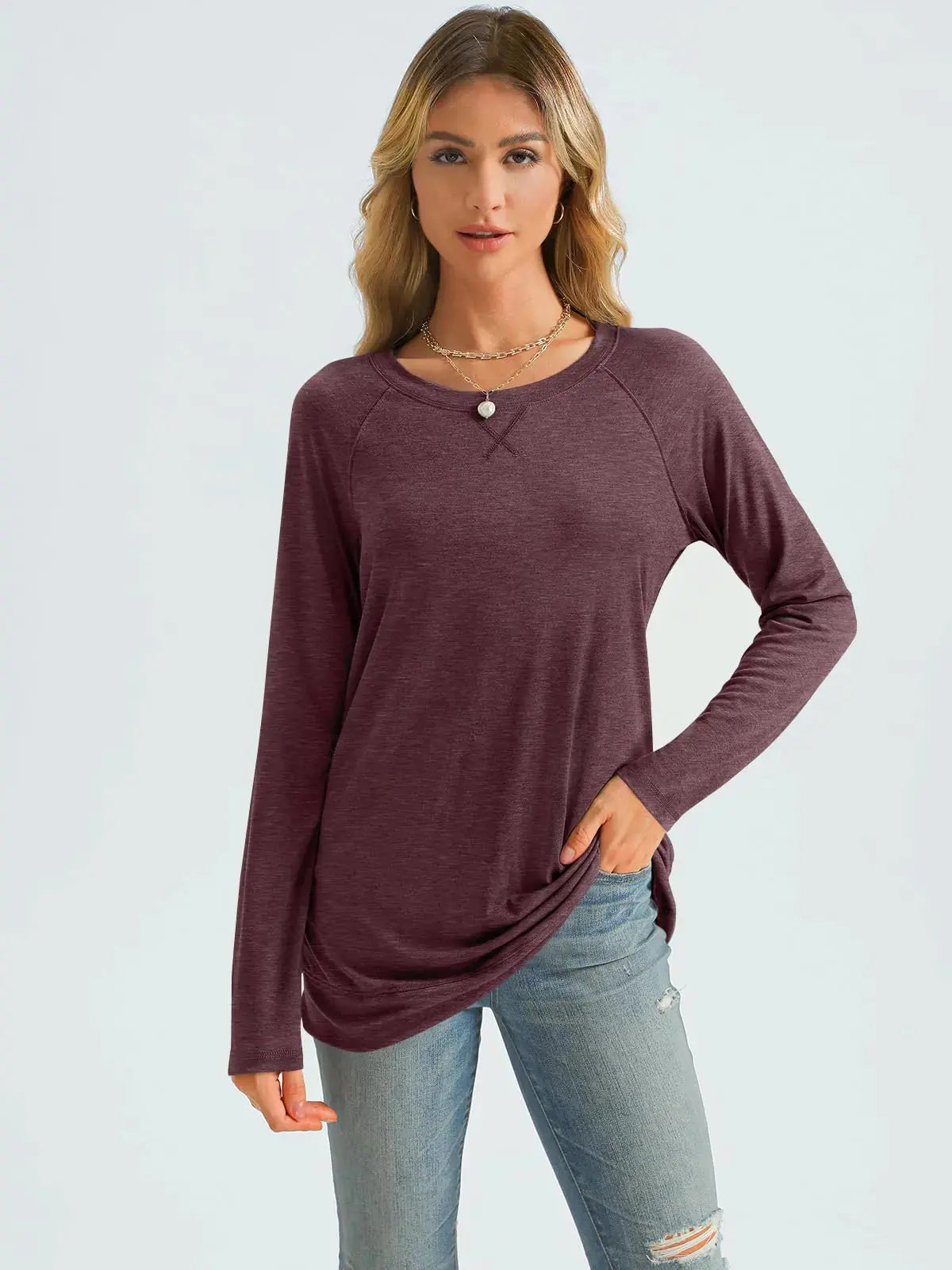 AUTOMET Womens Long Sleeve Shirts Casual Loose Fit Top - Wine Red Color