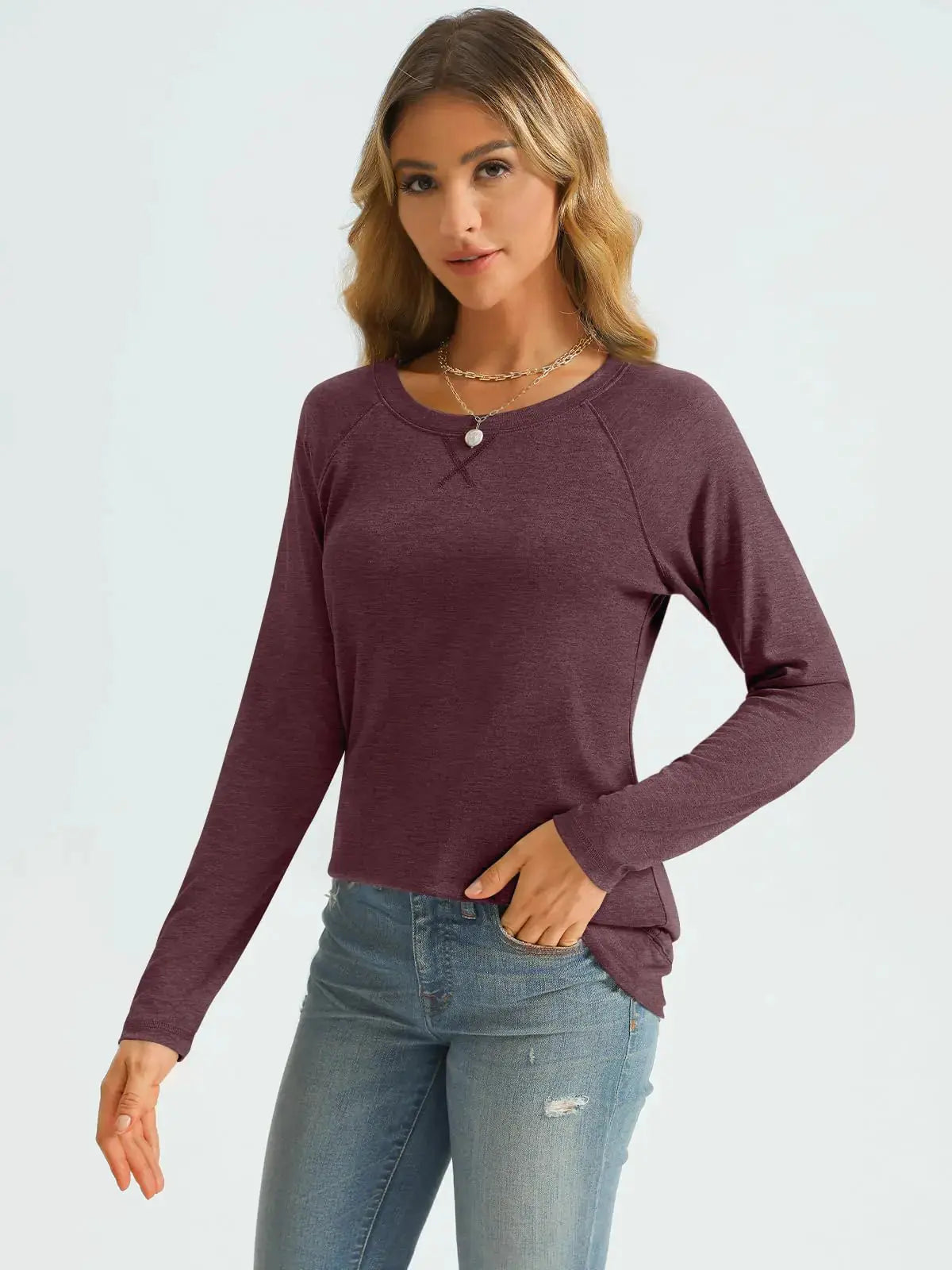AUTOMET Womens Long Sleeve Shirts Casual Loose Fit Top - Wine Red Color