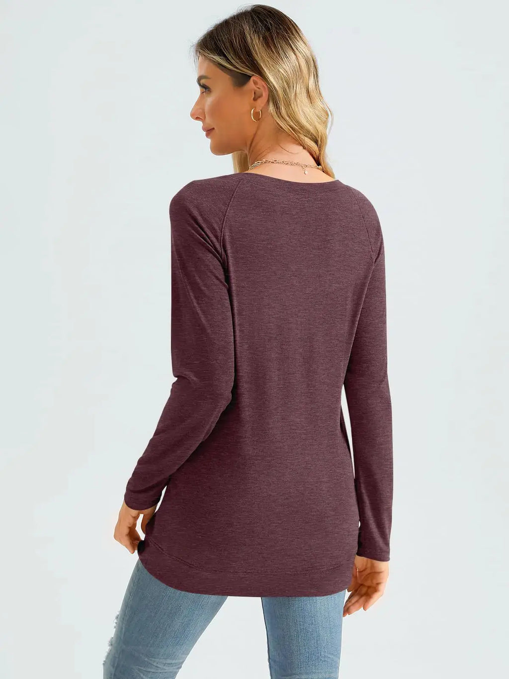 AUTOMET Womens Long Sleeve Shirts Casual Loose Fit Top - Wine Red Color