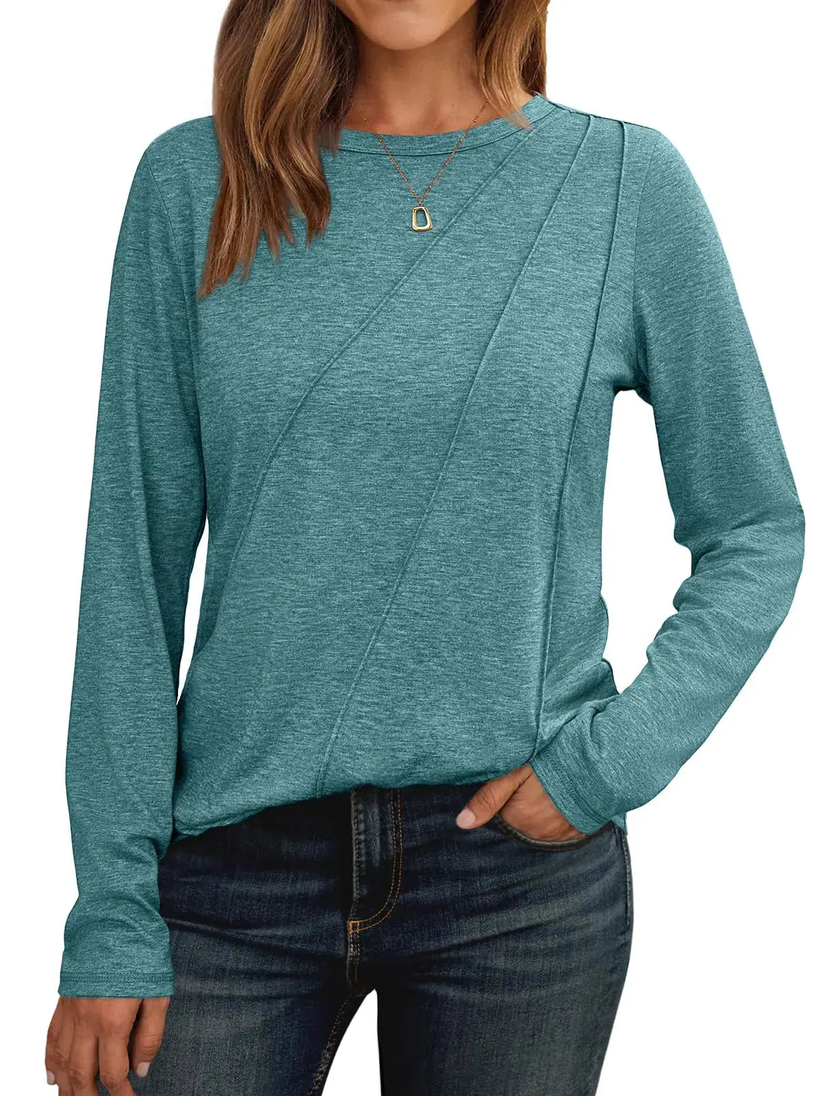 AUTOMET Womens Long Sleeve Shirts Pleated Crew Neck Casual Fall Fashion Tops