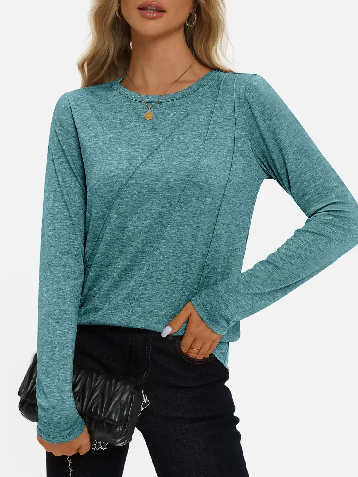AUTOMET Womens Long Sleeve Shirts Pleated Crew Neck Casual Fall Fashion Tops