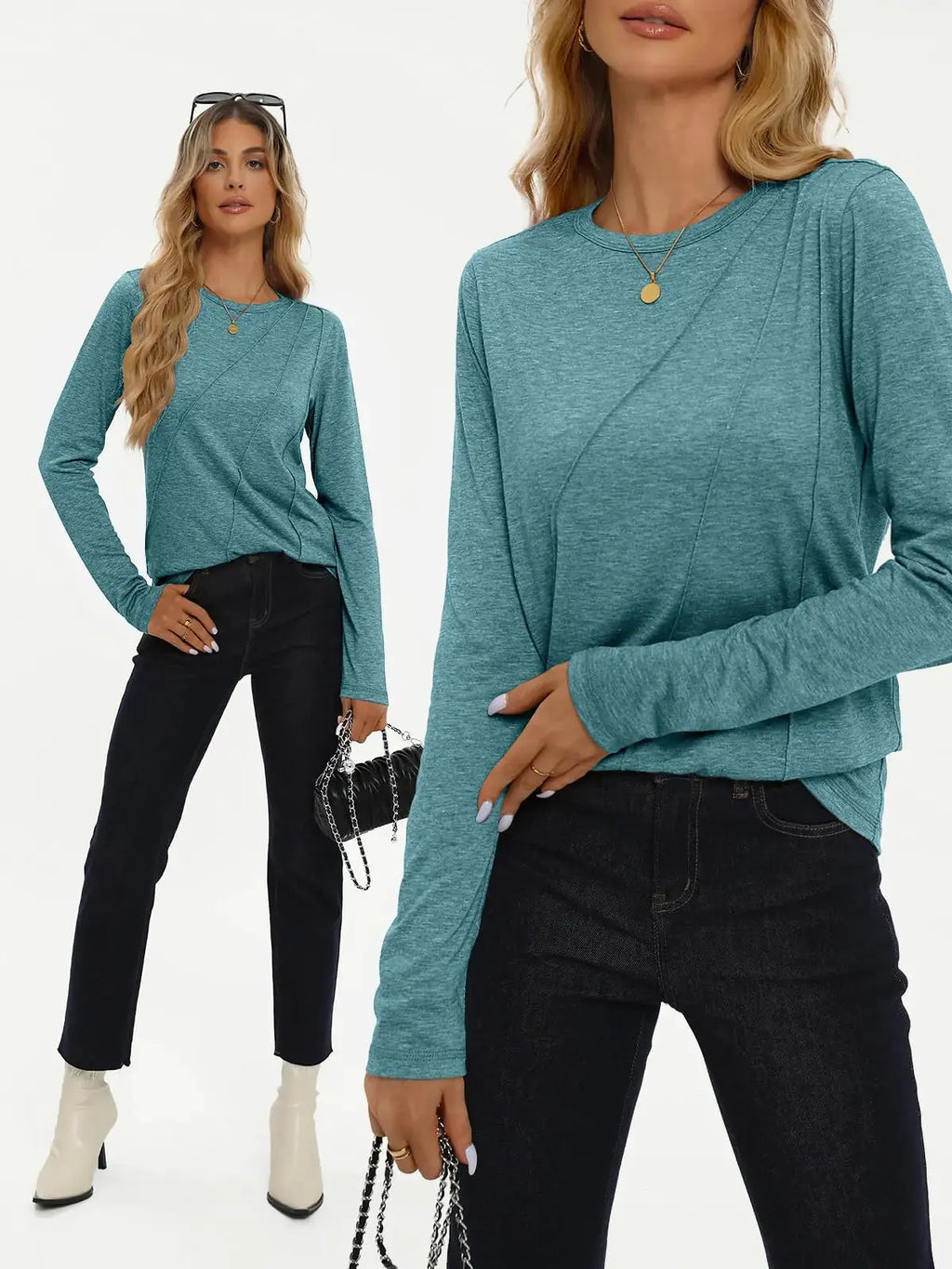 AUTOMET Womens Long Sleeve Shirts Pleated Crew Neck Casual Fall Fashion Tops