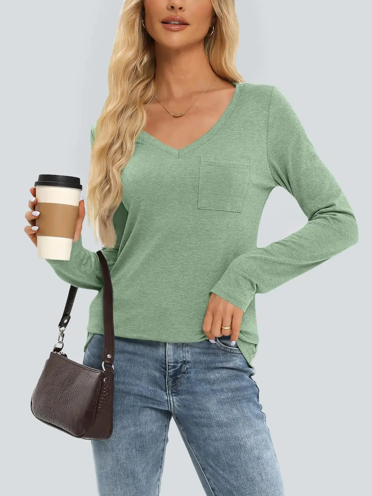 AUTOMET Womens Long Sleeve Shirts V Neck Casual Tops with Pockets
