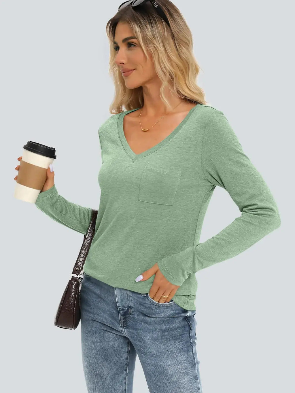 AUTOMET Womens Long Sleeve Shirts V Neck Casual Tops with Pockets