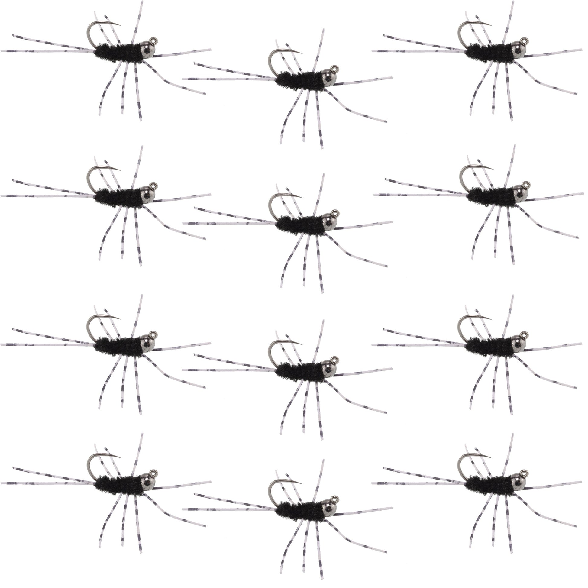 Barbless Pat's Barred Rubber Legs Tungsten Bead Jigged Black Euro Nymph  - Set of 12 Flies Hook Size 6