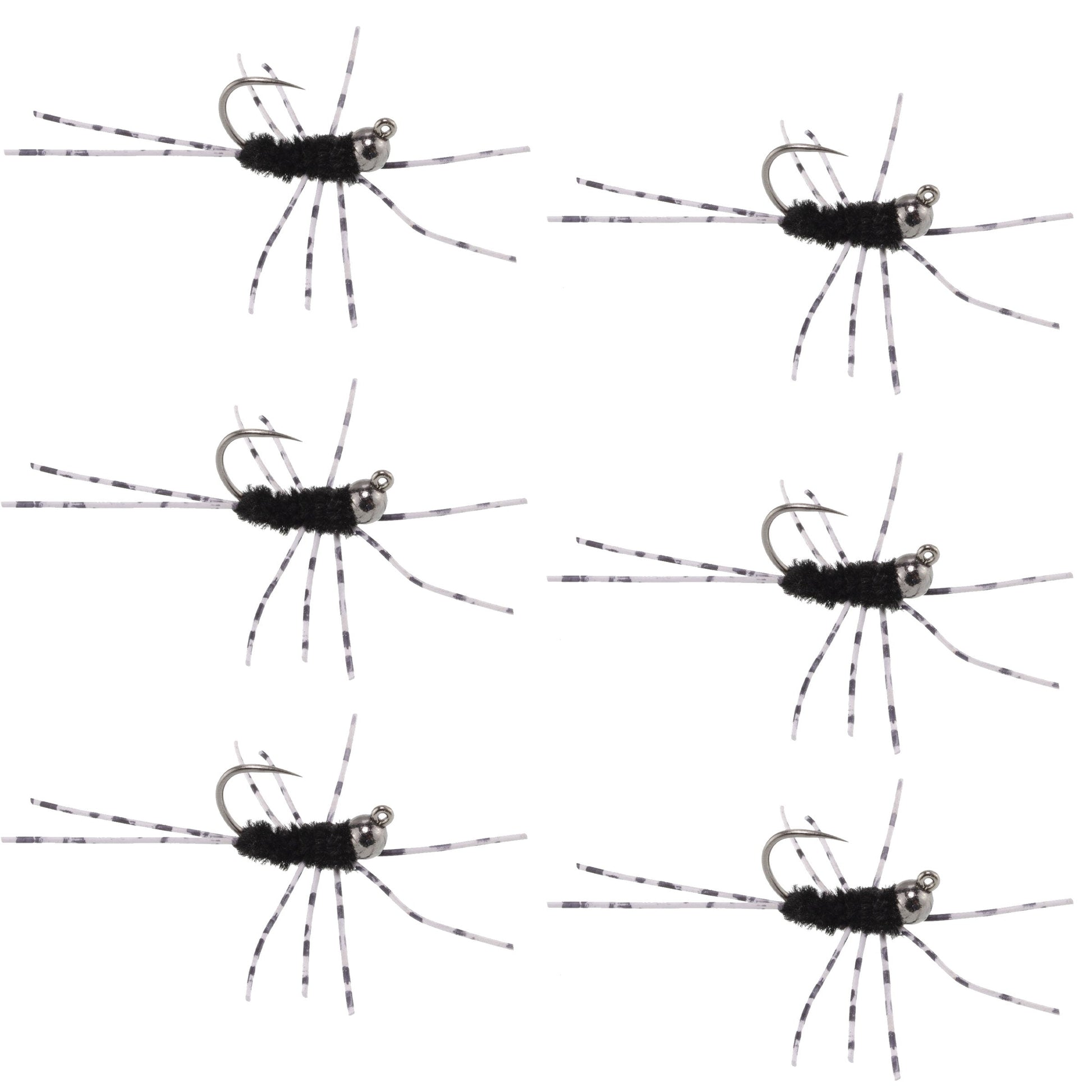 Barbless Pat's Barred Rubber Legs Tungsten Bead Jigged Black Euro Nymph  - Set of 6 Flies Hook Size 6
