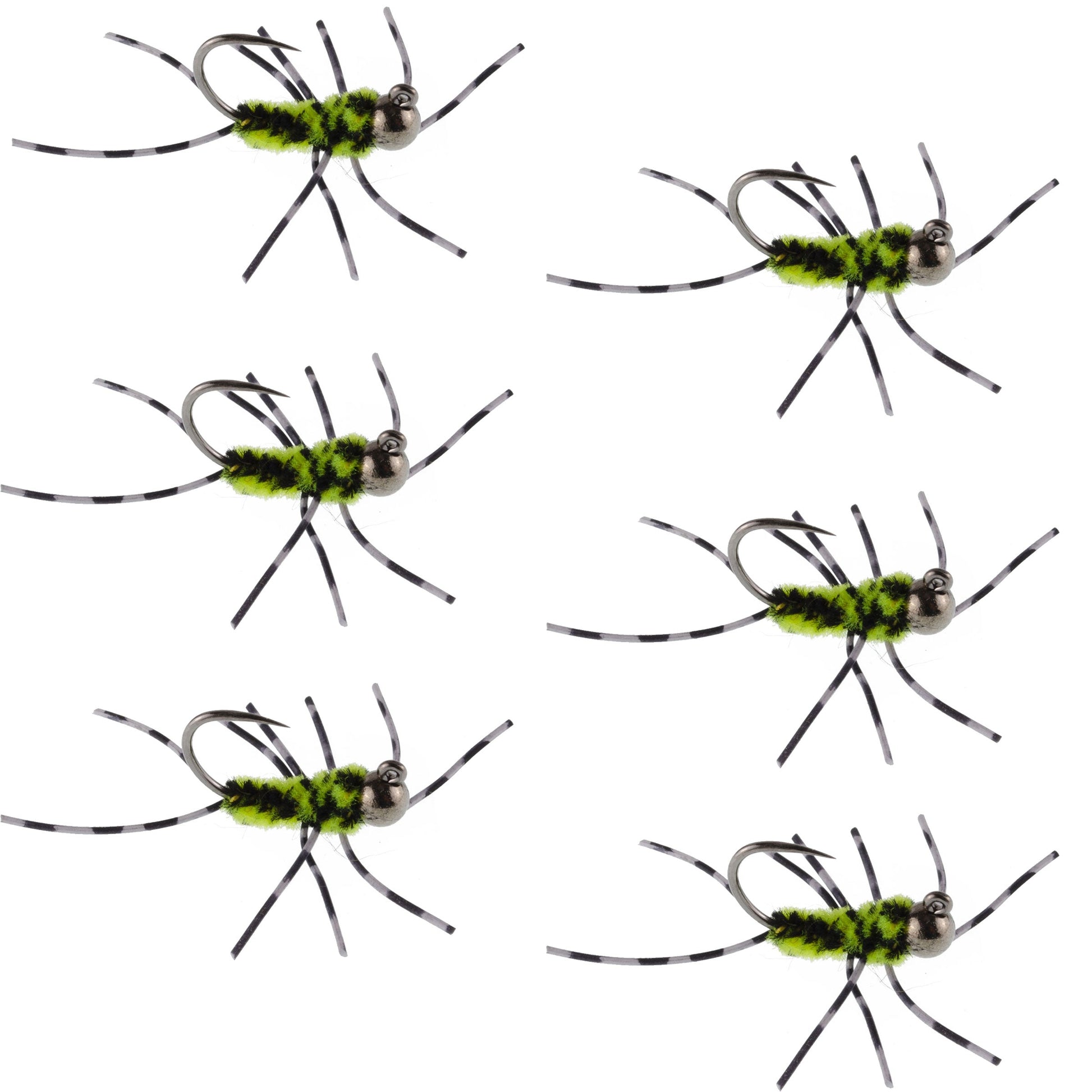 Barbless Pat's Barred Rubber Legs Tungsten Bead Jigged Black/Chartreuse Euro Nymph  - Set of 6 Flies Hook Size 6