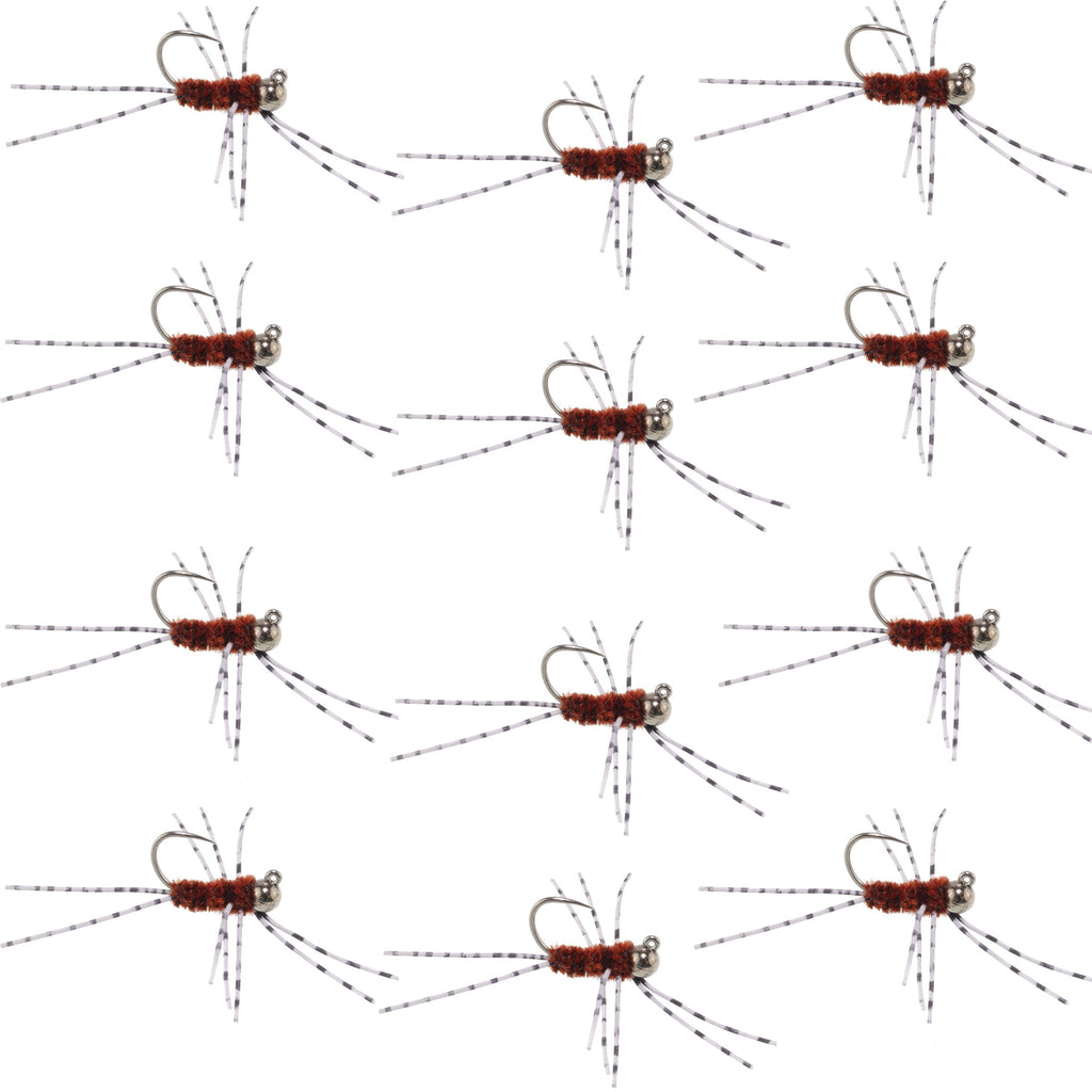 Barbless Pat's Barred Rubber Legs Tungsten Bead Jigged Brown Euro Nymph  - Set of 12 Flies Hook Size 6