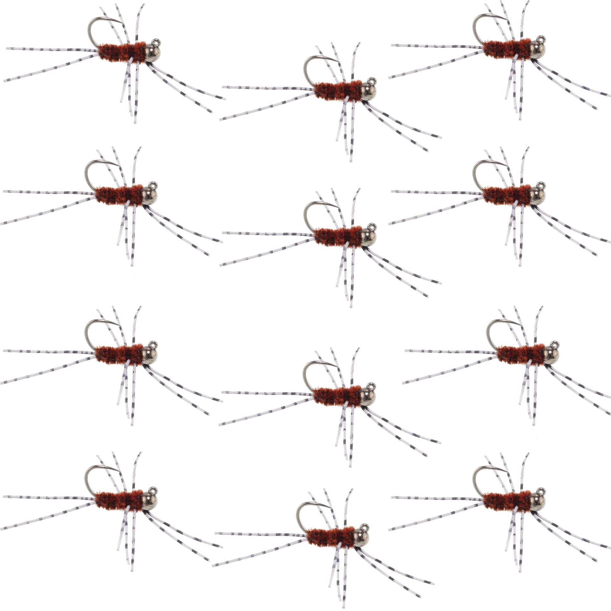 Barbless Pat's Barred Rubber Legs Tungsten Bead Jigged Brown Euro Nymph  - Set of 12 Flies Hook Size 6
