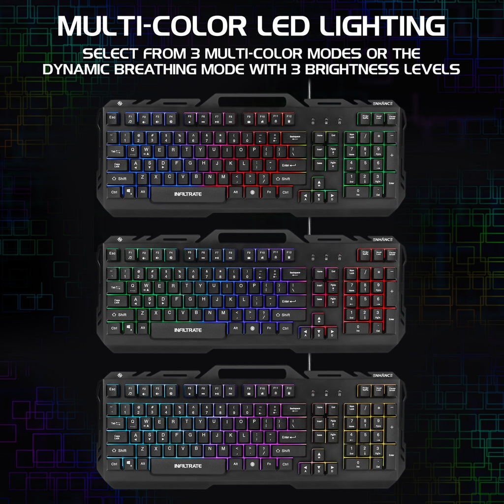 Enhance Infiltrate KL2 Membrane Gaming Keyboard – Multi-Color LED – Metal Build – Quiet Switches