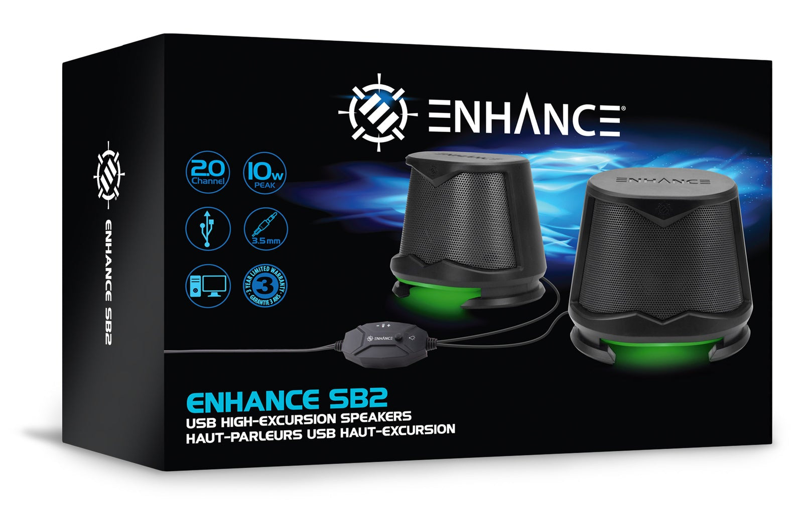 Enhance SB2 USB Powered LED Speakers – Green LED / 10 W Peak