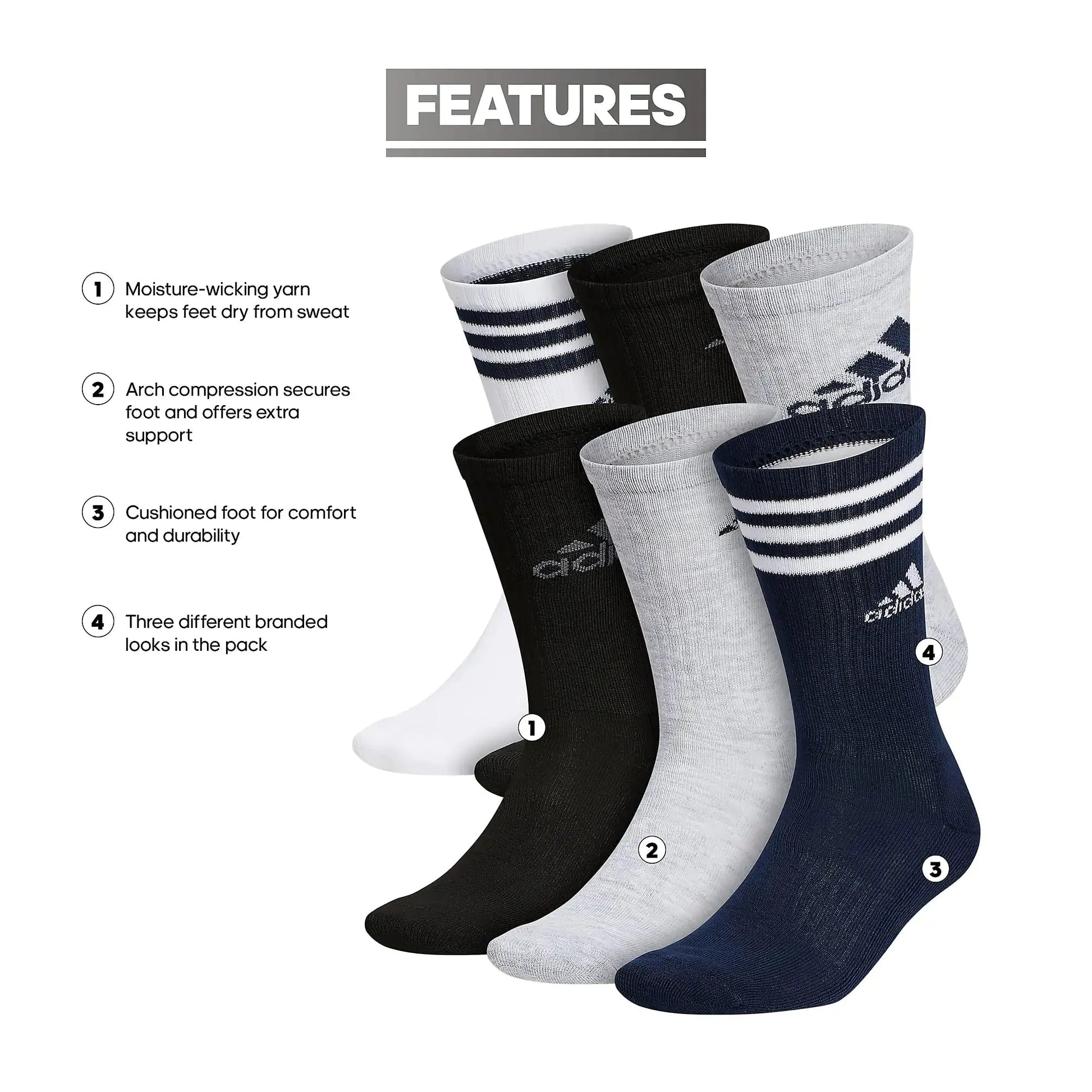 Adidas Men's Athletic Cushioned Crew Socks with Arch Compression for a Secure Fit (6-Pair)