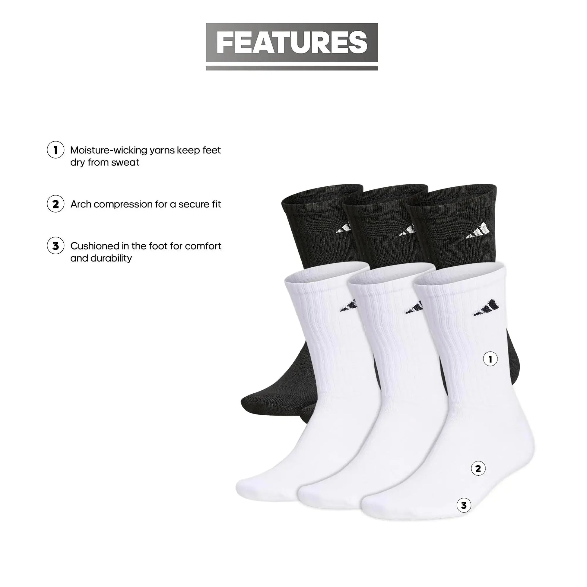 Adidas Men's Athletic Cushioned Crew Socks with Arch Compression for a Secure Fit (6-Pair)