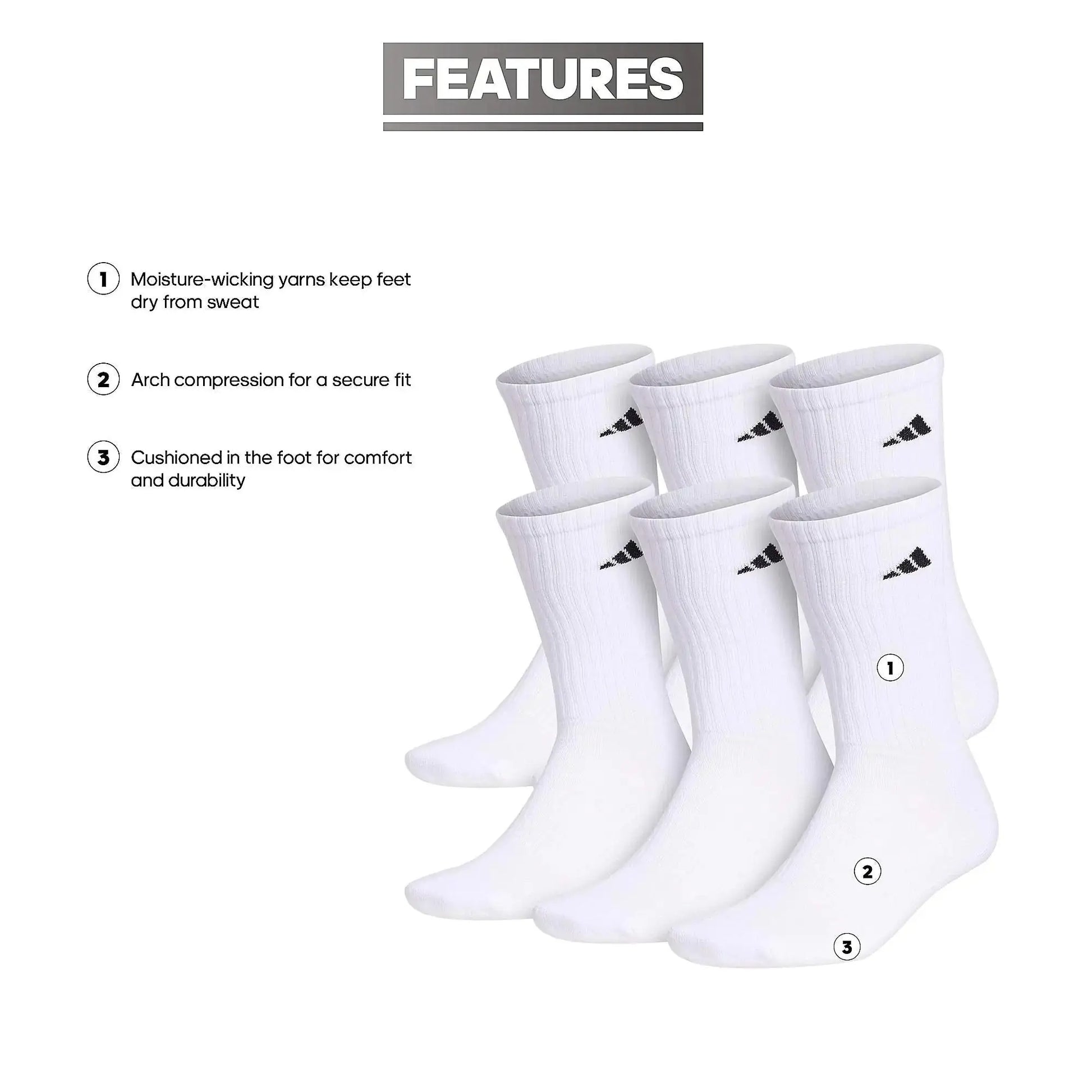 Adidas Men's Athletic Cushioned Crew Socks with Arch Compression for a Secure Fit (6-Pair)