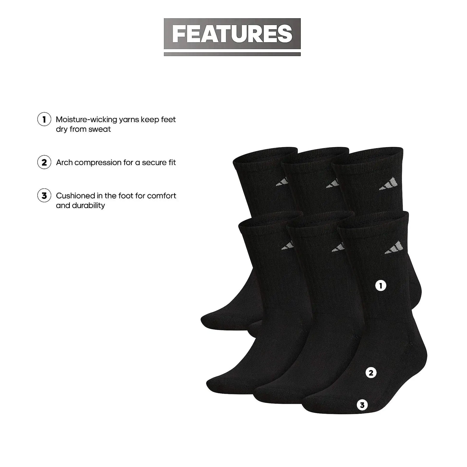 Adidas Men's Athletic Cushioned Crew Socks with Arch Compression for a Secure Fit (6-Pair)