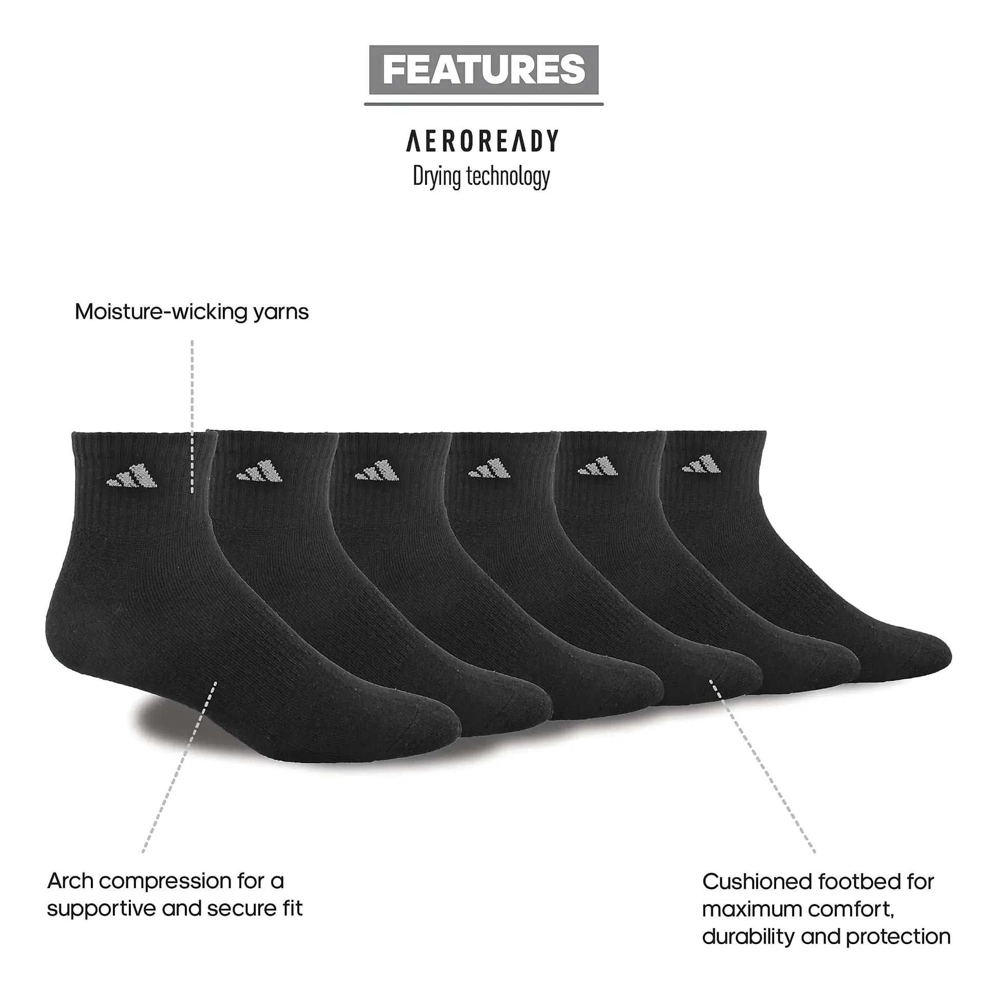 Adidas Men's Athletic Cushioned Quarter Socks (with Arch Compression for a Secure Fit (6-Pair)