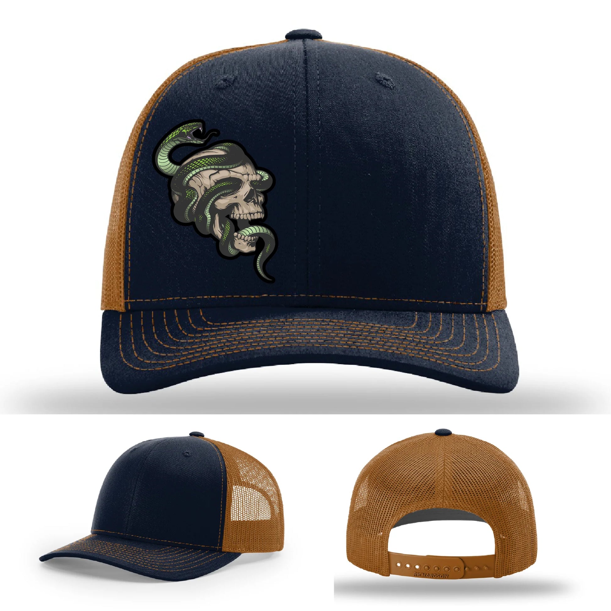 Serpent Skull Leather Patch Hat Snake and Skull Graphic