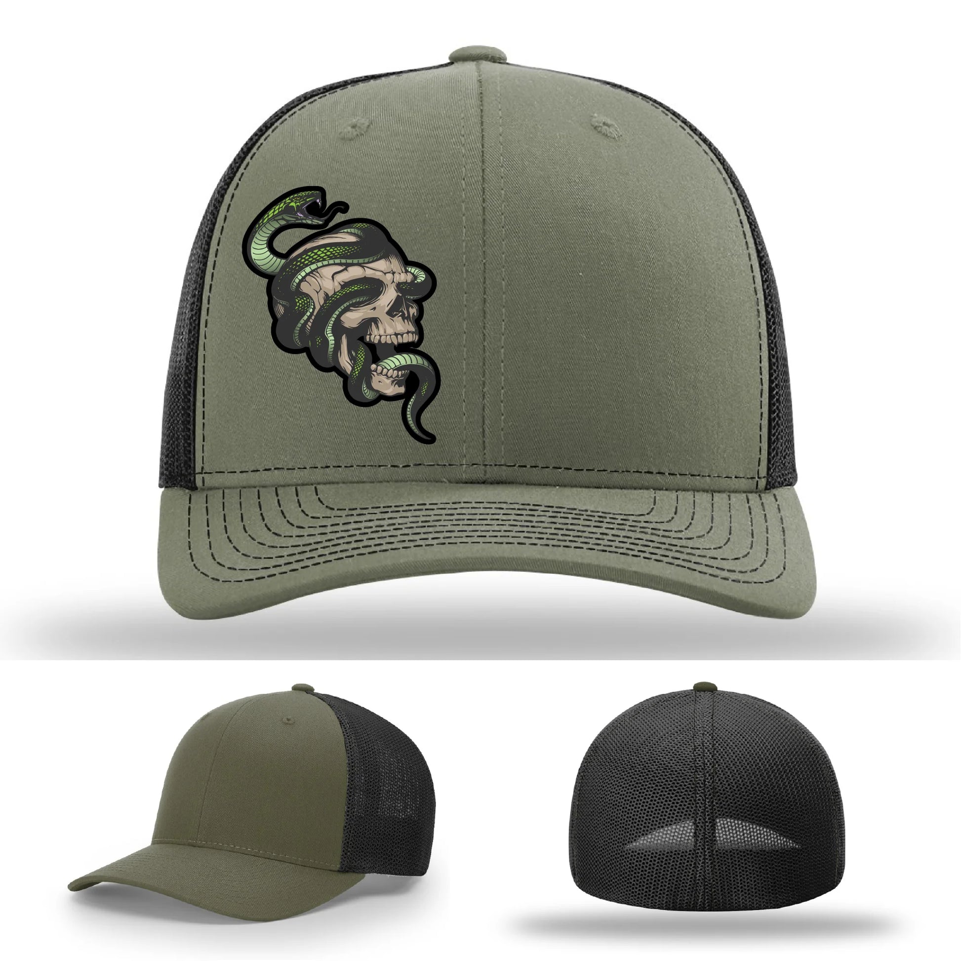 Serpent Skull Leather Patch Hat Snake and Skull Graphic