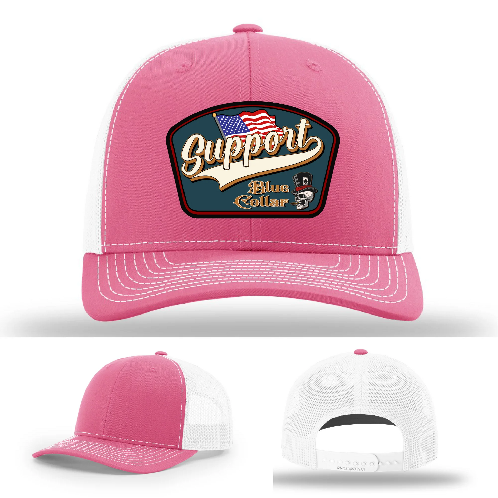 Support Blue Collar Leather Patch Hat American Flag Design
