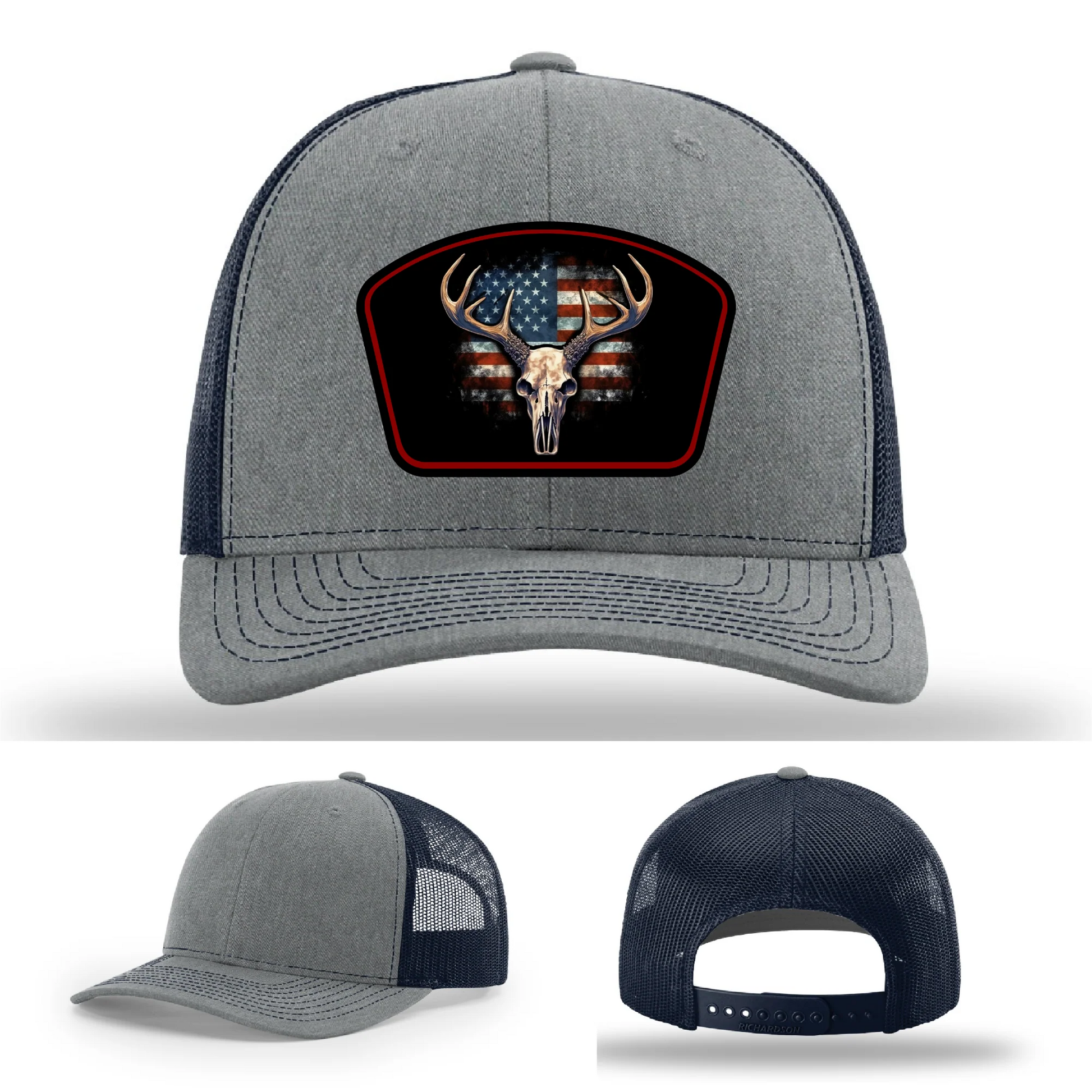 Patriotic Buck Leather Patch Hat Deer Skull and Flag