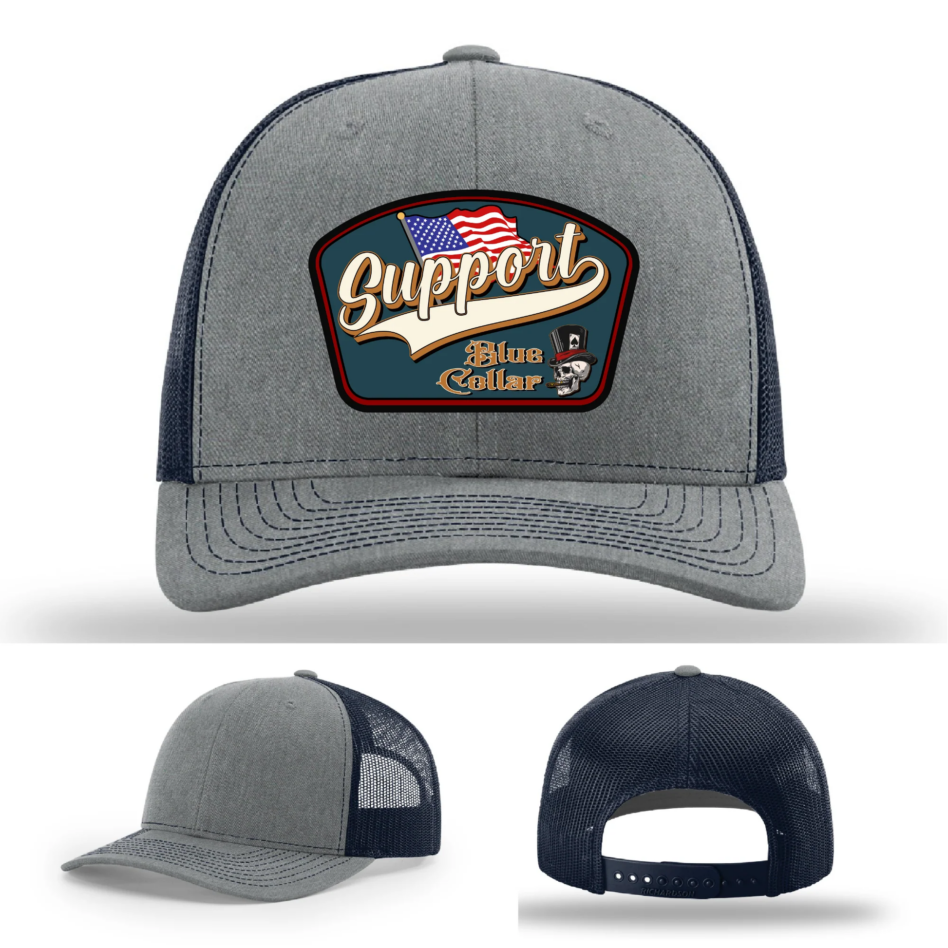 Support Blue Collar Leather Patch Hat American Flag Design
