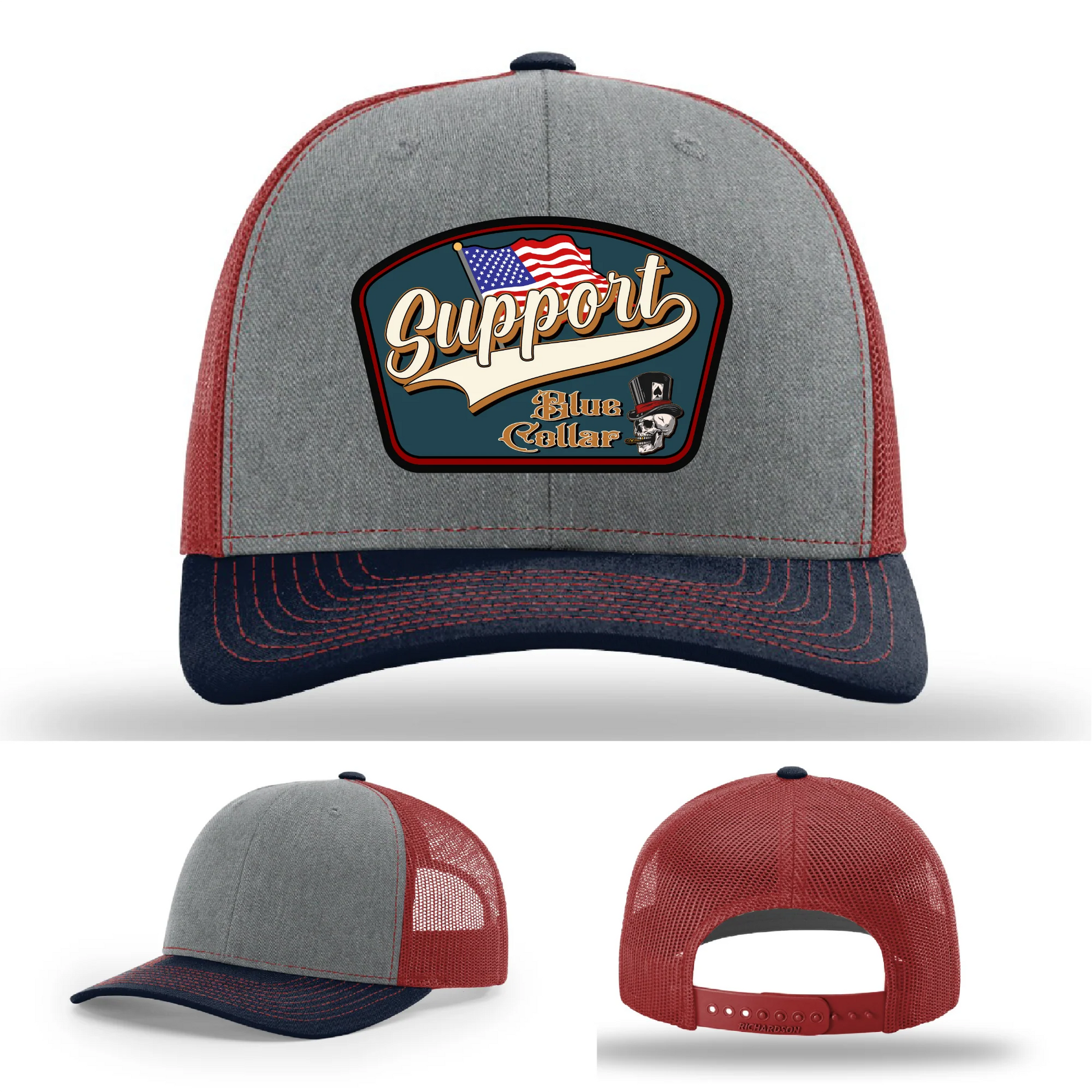 Support Blue Collar Leather Patch Hat American Flag Design