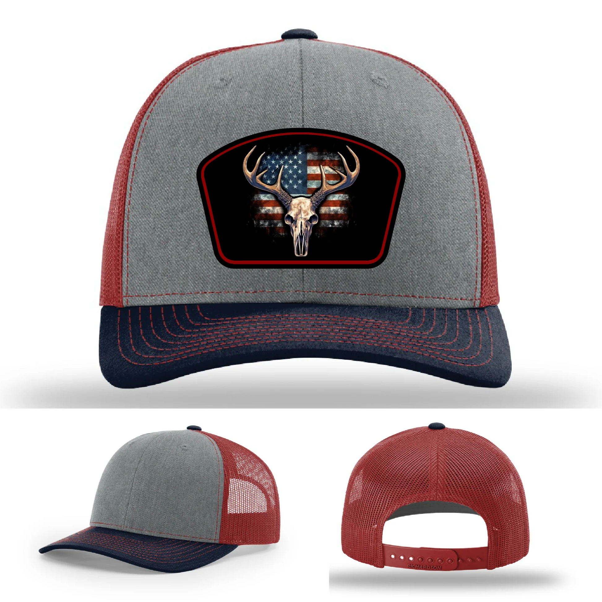 Patriotic Buck Leather Patch Hat Deer Skull and Flag