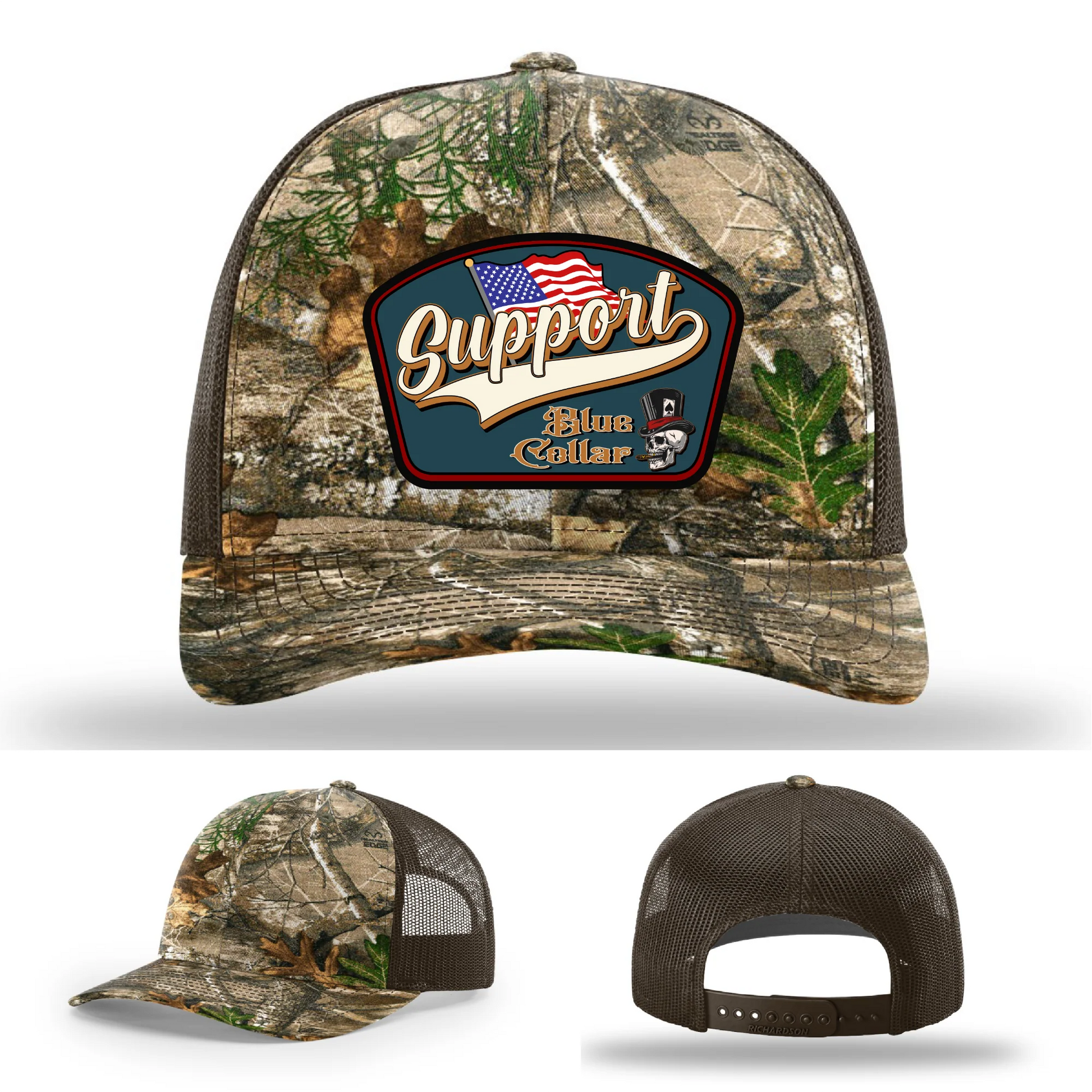 Support Blue Collar Leather Patch Hat American Flag Design