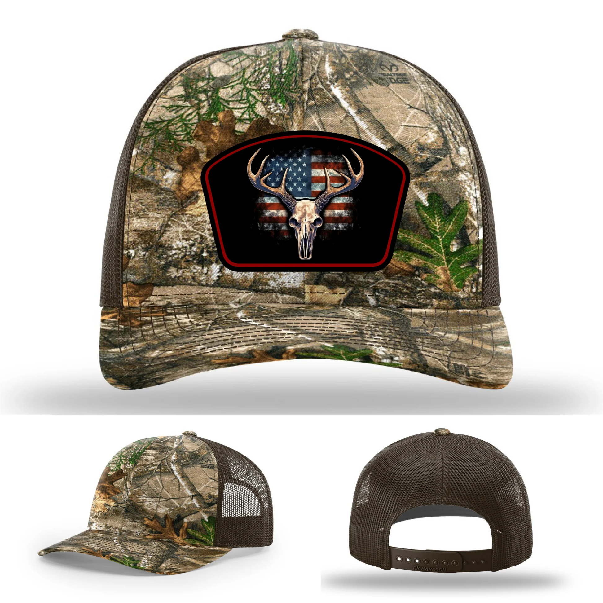 Patriotic Buck Leather Patch Hat Deer Skull and Flag
