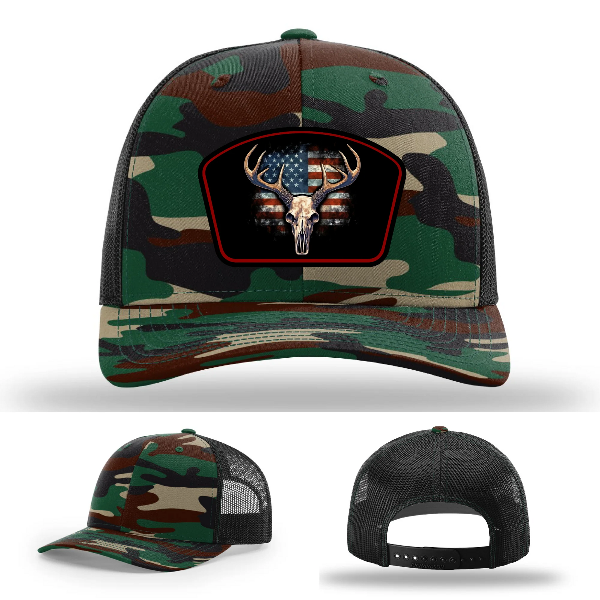 Patriotic Buck Leather Patch Hat Deer Skull and Flag