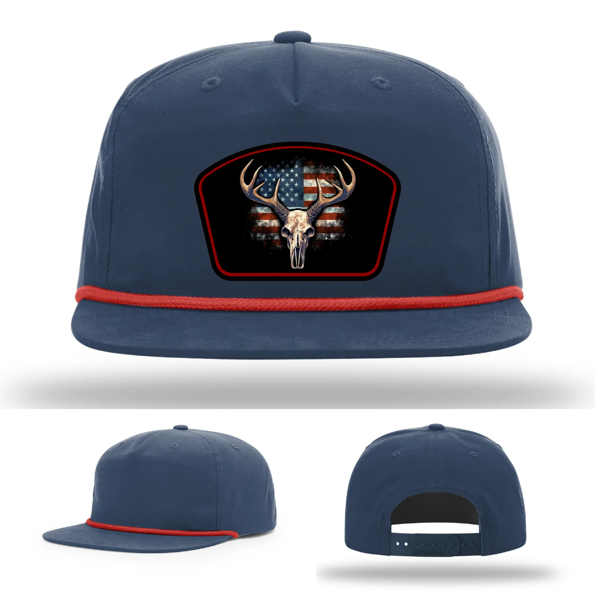 Patriotic Buck Leather Patch Hat Deer Skull and Flag