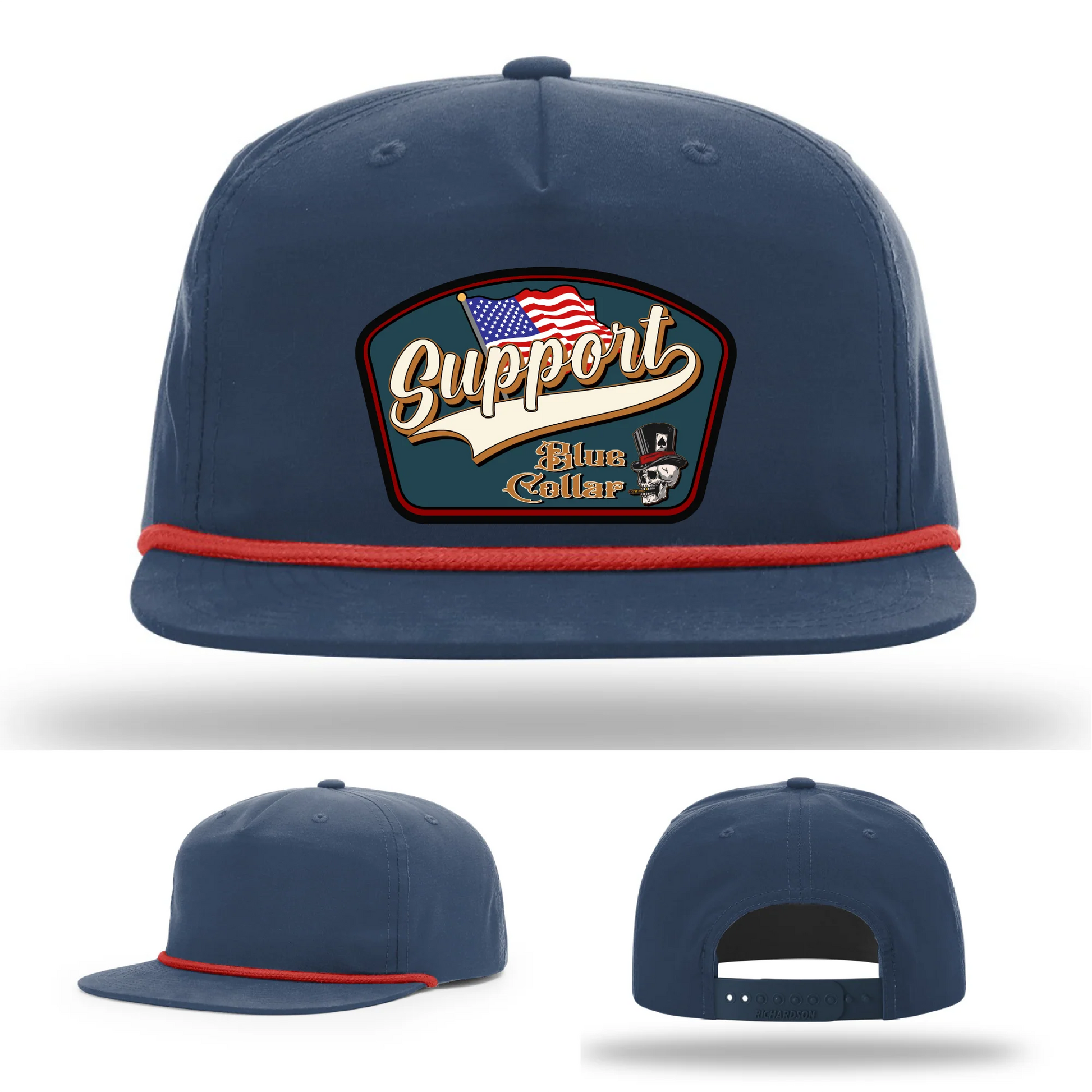 Support Blue Collar Leather Patch Hat American Flag Design