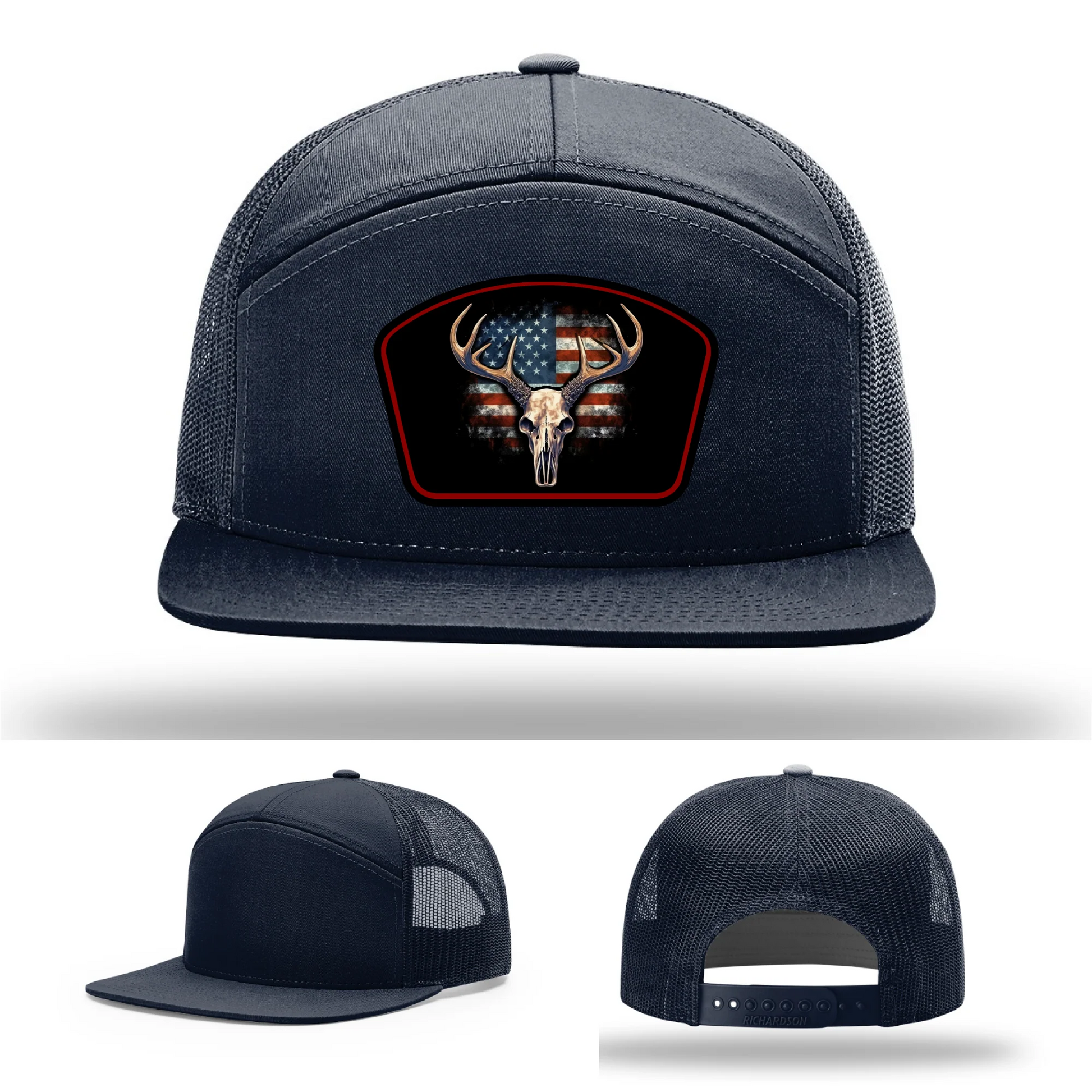 Patriotic Buck Leather Patch Hat Deer Skull and Flag