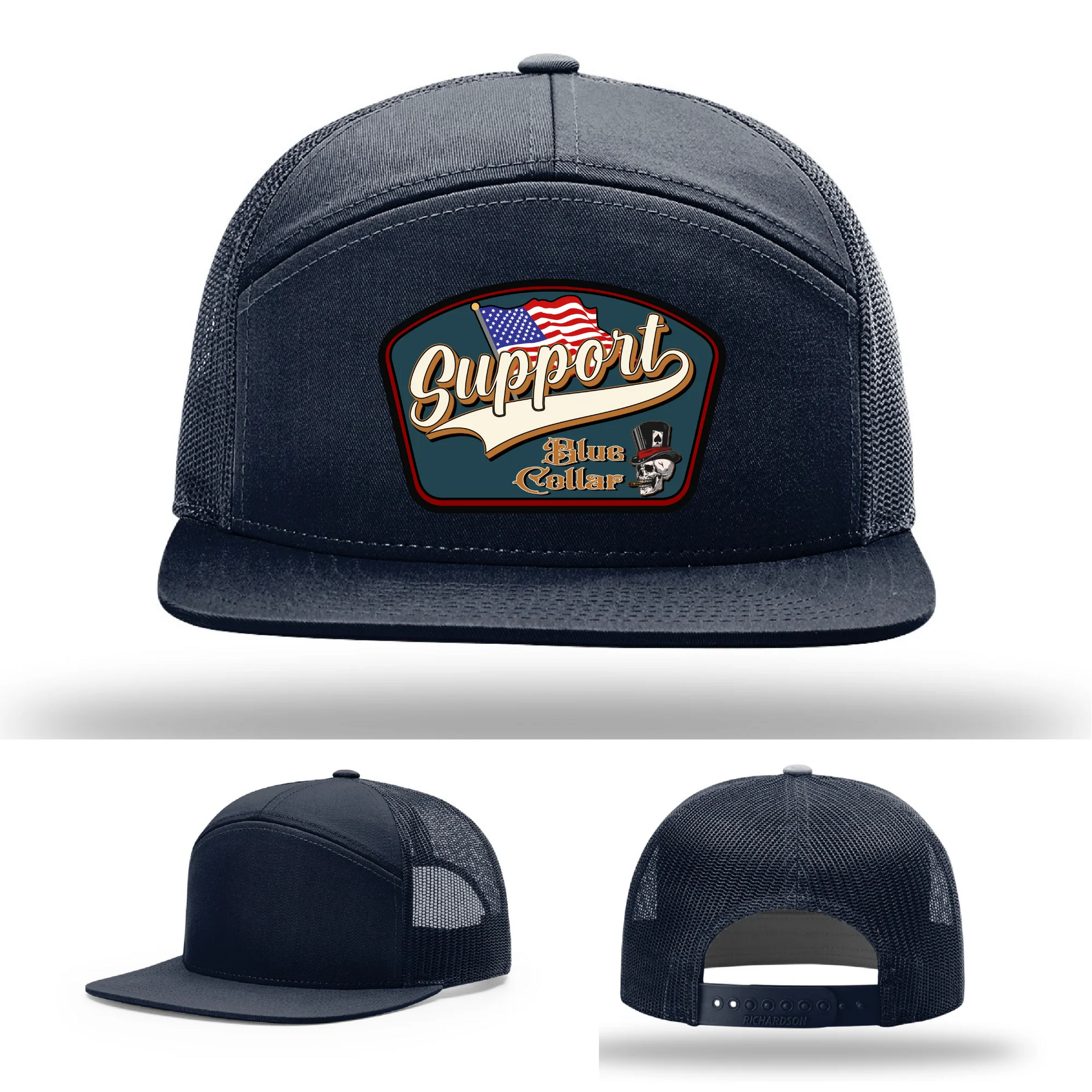 Support Blue Collar Leather Patch Hat American Flag Design