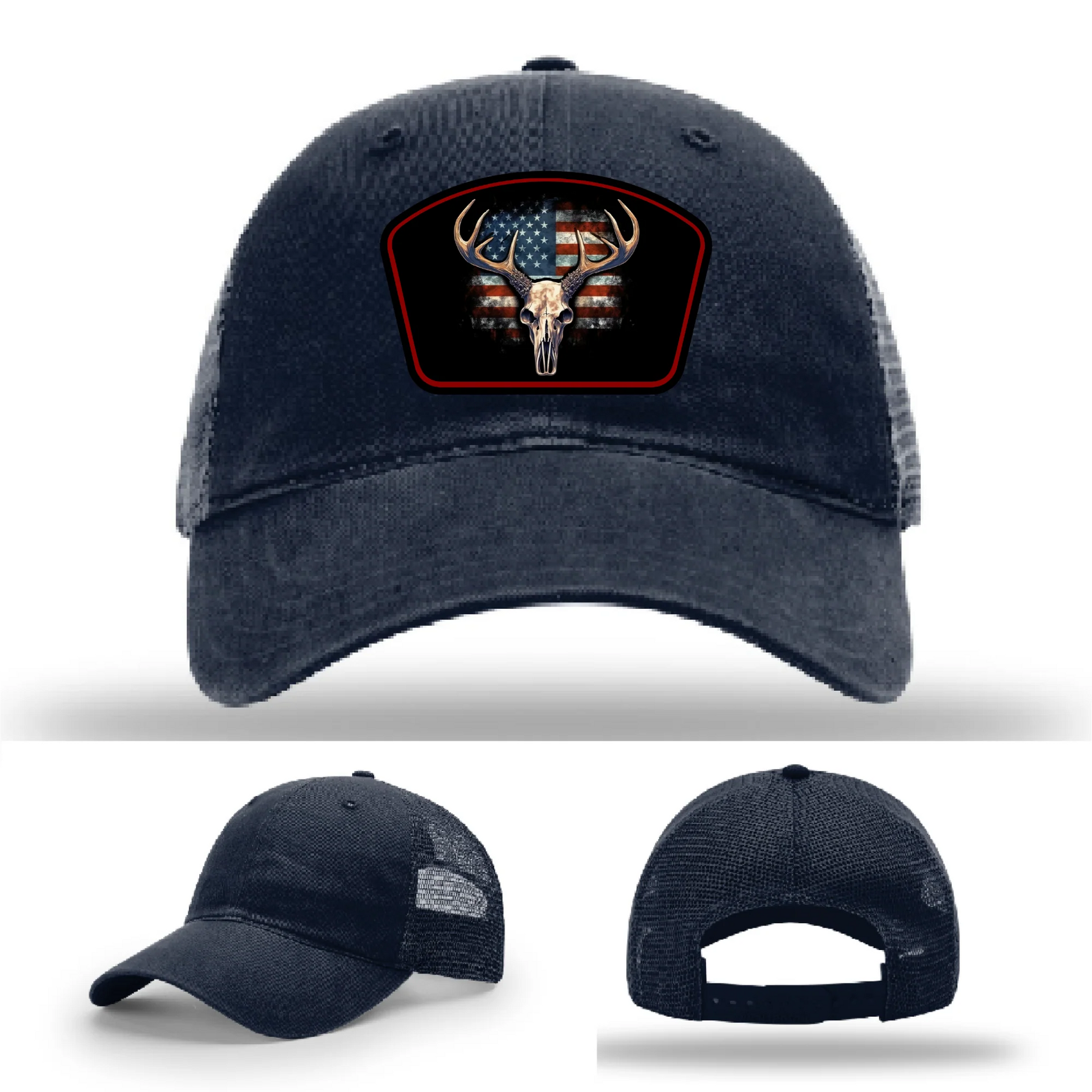 Patriotic Buck Leather Patch Hat Deer Skull and Flag