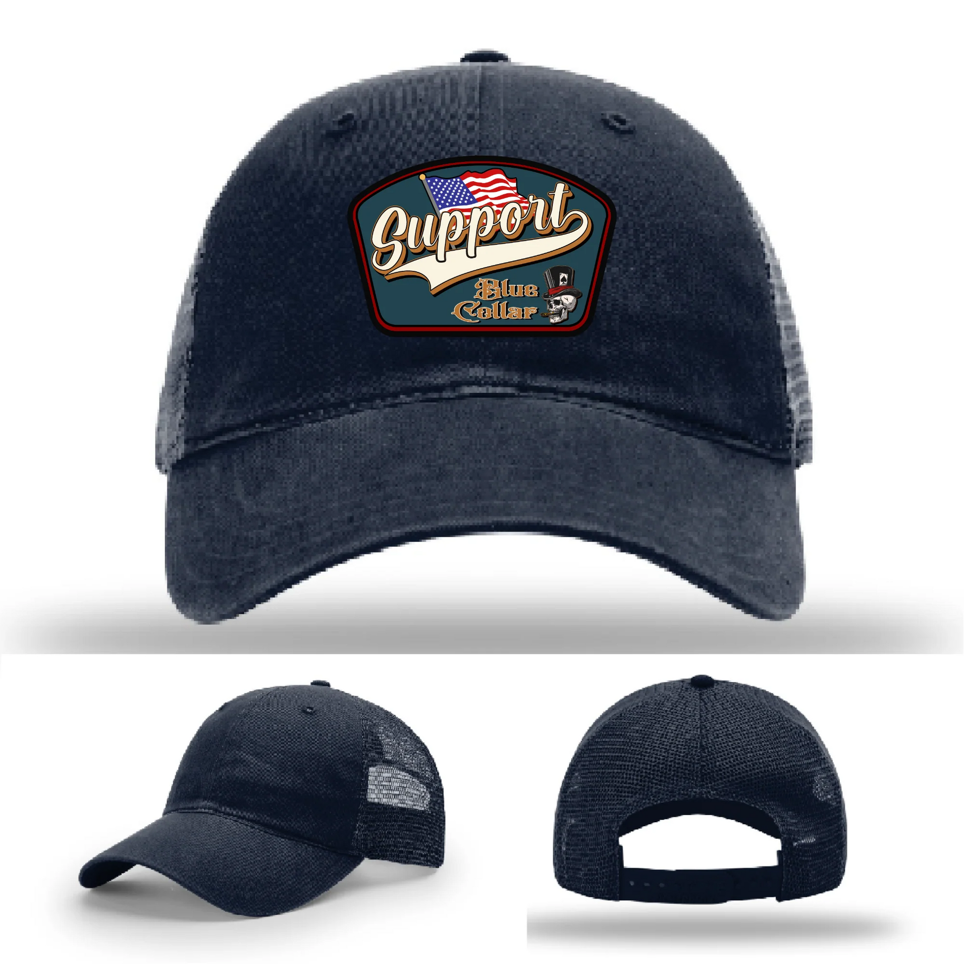 Support Blue Collar Leather Patch Hat American Flag Design