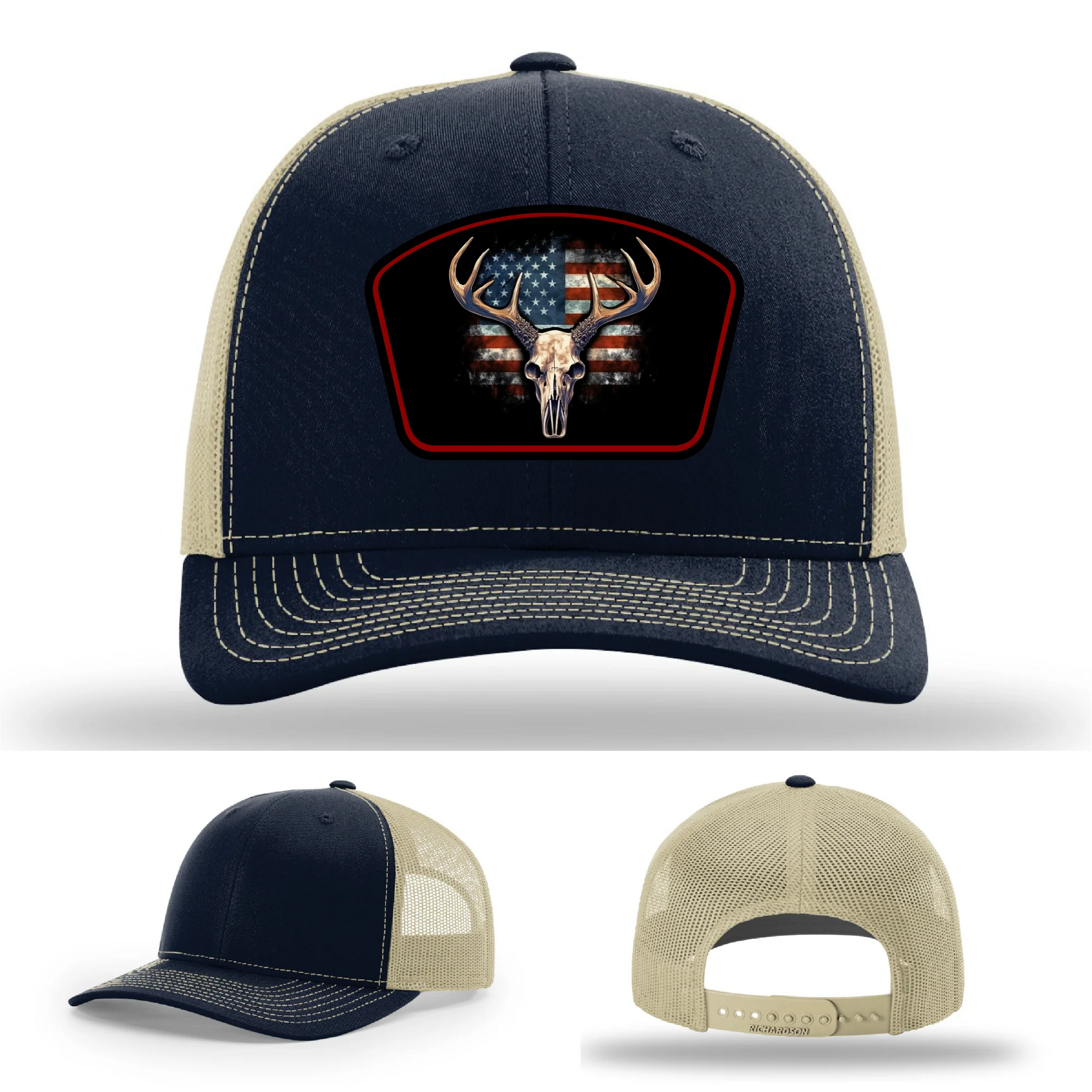 Patriotic Buck Leather Patch Hat Deer Skull and Flag