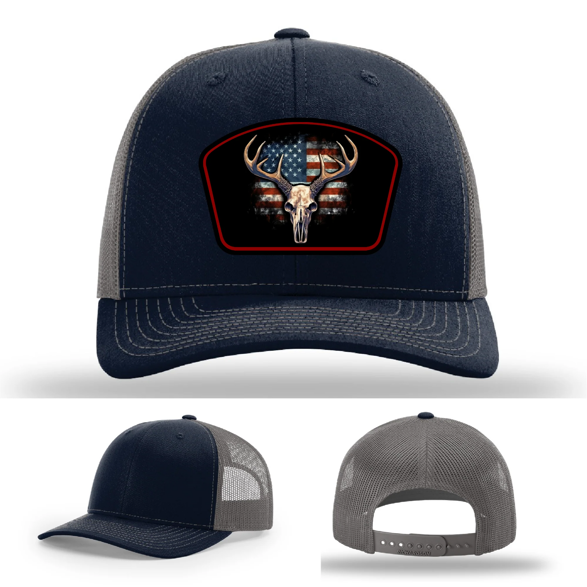 Patriotic Buck Leather Patch Hat Deer Skull and Flag