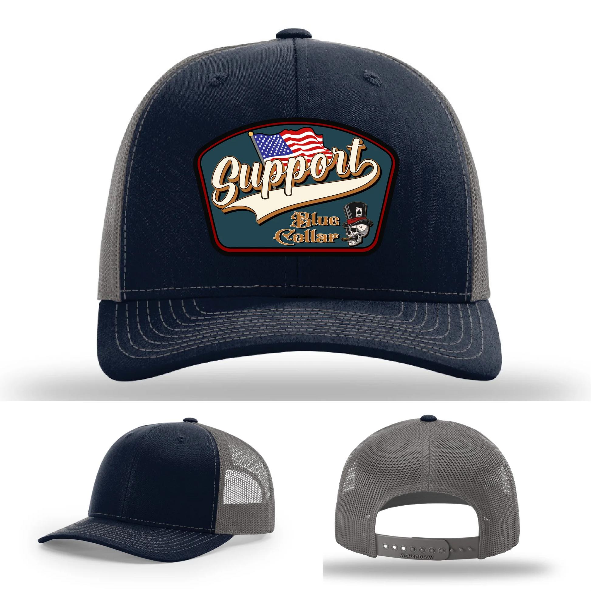 Support Blue Collar Leather Patch Hat American Flag Design