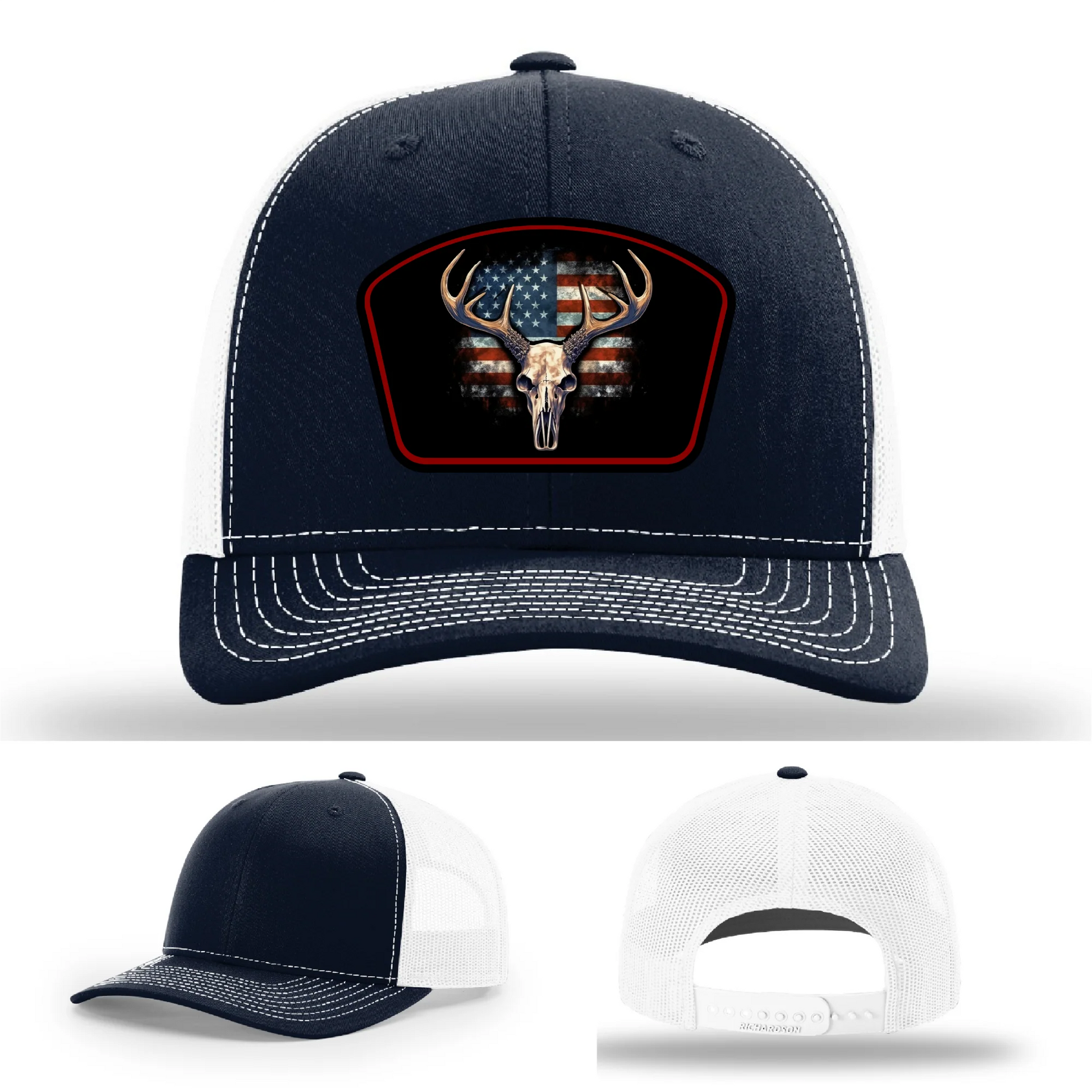 Patriotic Buck Leather Patch Hat Deer Skull and Flag