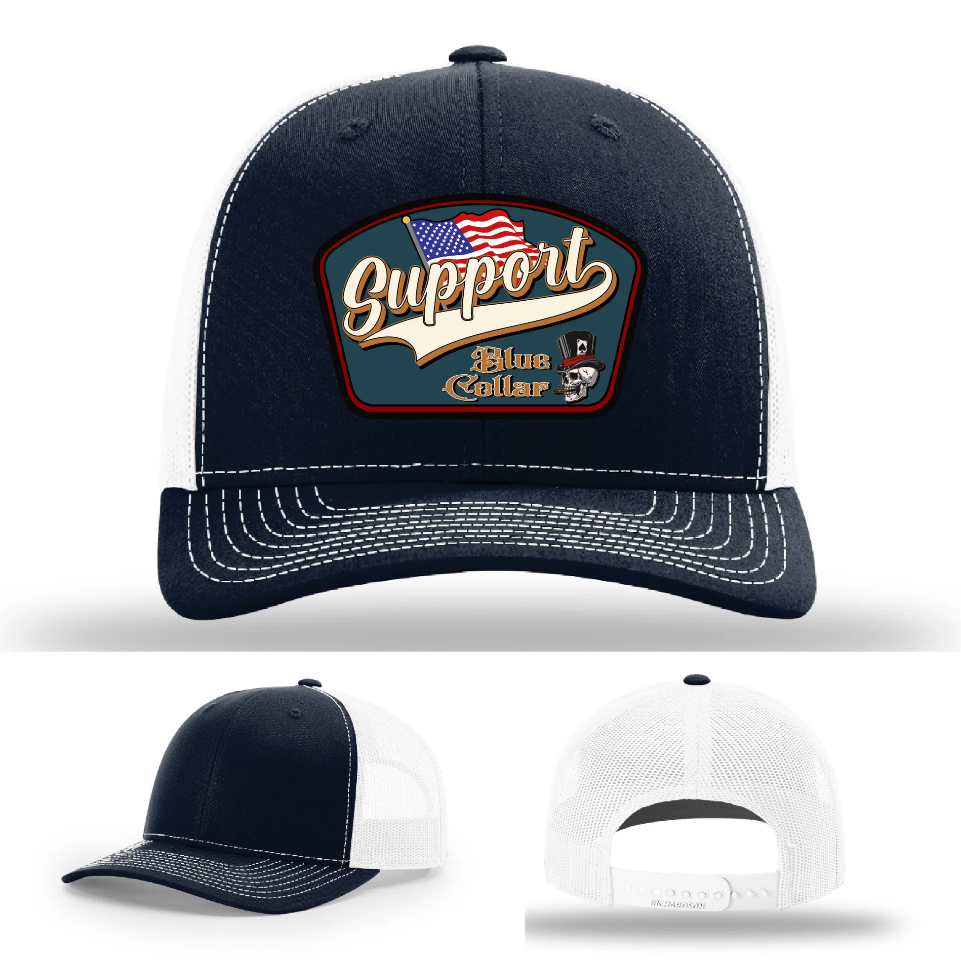 Support Blue Collar Leather Patch Hat American Flag Design