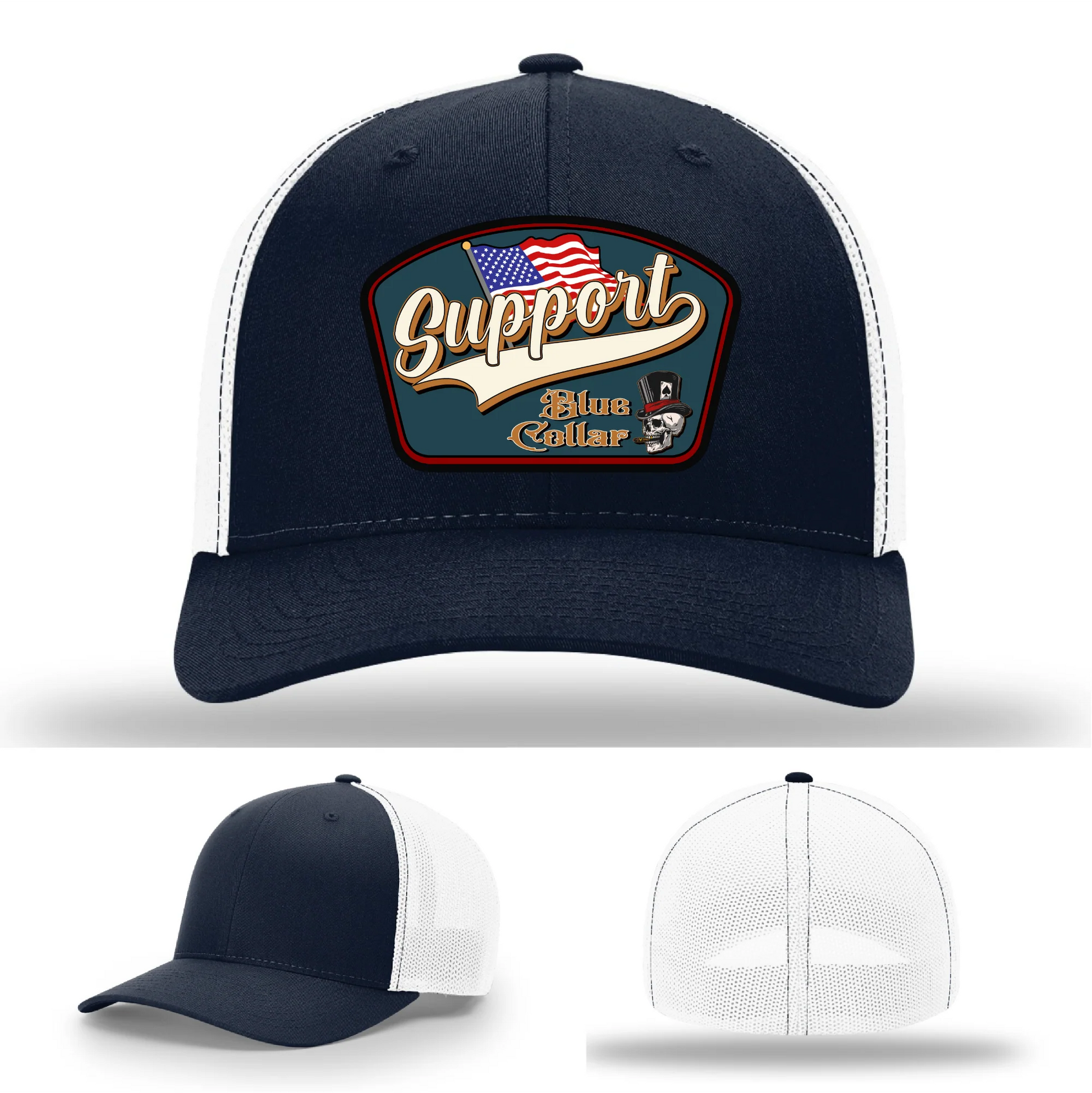 Support Blue Collar Leather Patch Hat American Flag Design